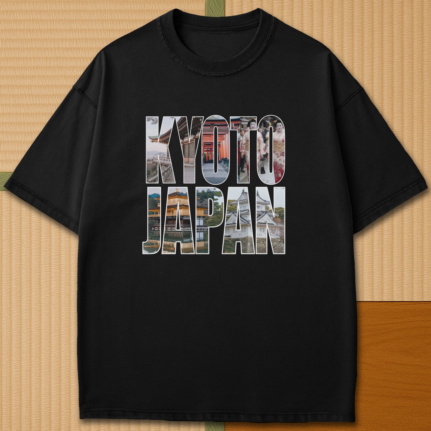 Japanese-inspired cotton Kyoto T-Shirt in Black on Comfort Colors 1717, styled in a modern flatlay scene.
