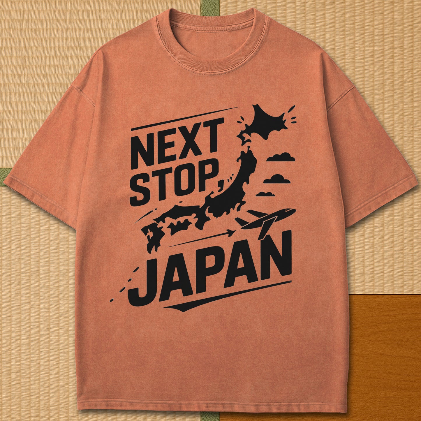 Japanese-inspired cotton Next Stop Japan T-Shirt in Yam on Comfort Colors 1717, styled in a modern flatlay scene.