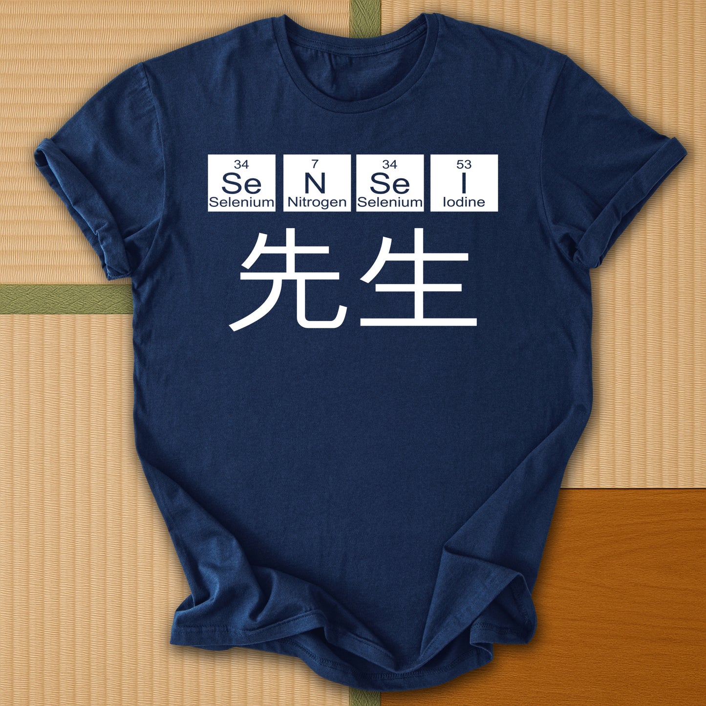 Japanese-inspired cotton Sensei Periodic Table T-Shirt in Navy on Gildan 64000, styled in a modern flatlay scene