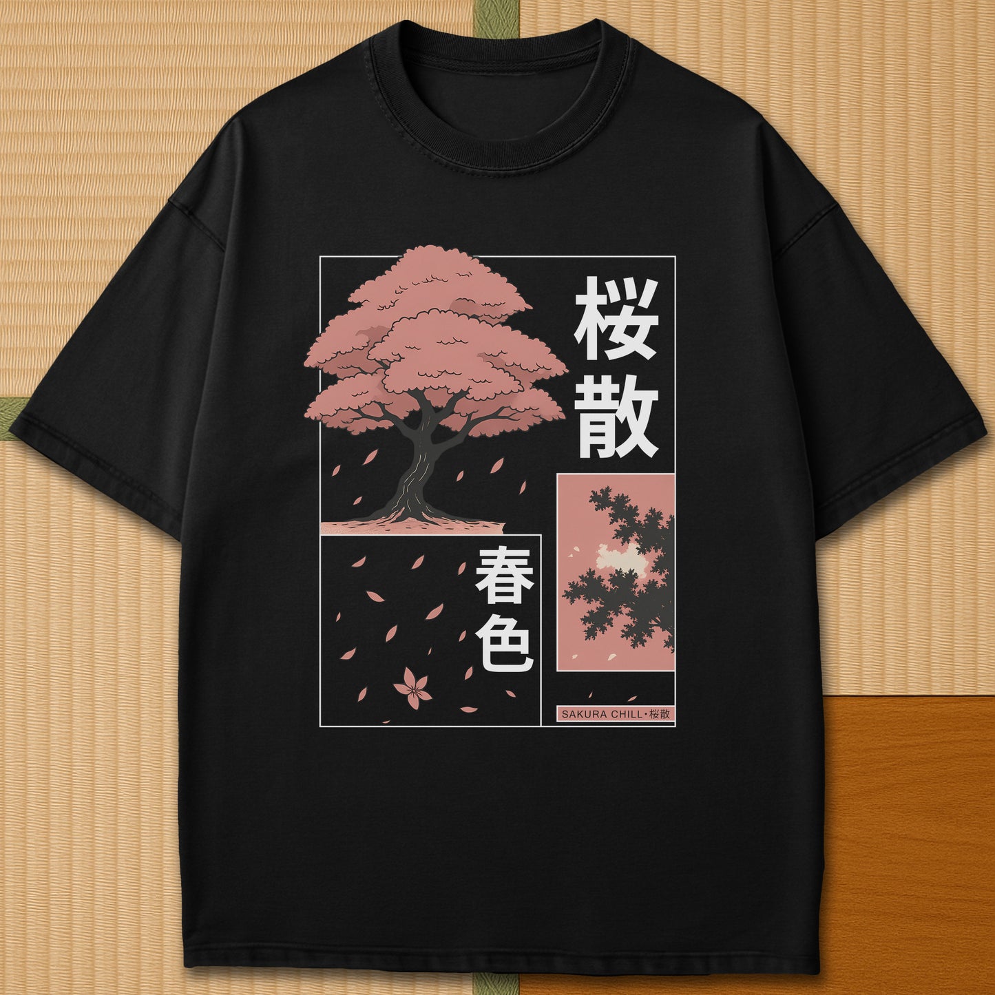 Japanese-inspired cotton Sakura Chill T-Shirt in Black on Comfort Colors 1717, styled in a modern flatlay scene.