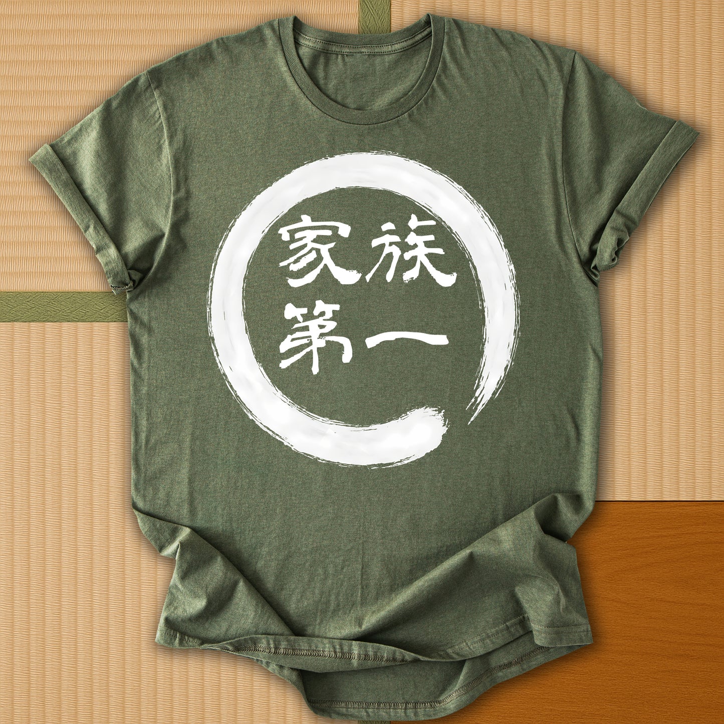Japanese-inspired cotton Family First in Japanese T-Shirt in Military Green on Gildan 64000, styled in a modern flatlay scene
