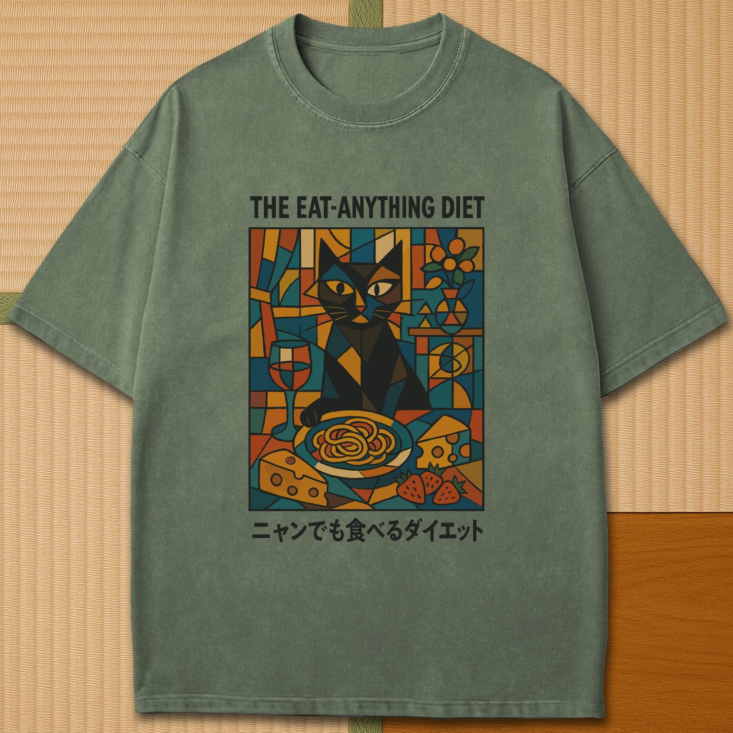Japanese-inspired cotton Nyan Diet Club T-Shirt in Moss on Comfort Colors 1717, styled in a modern flatlay scene.