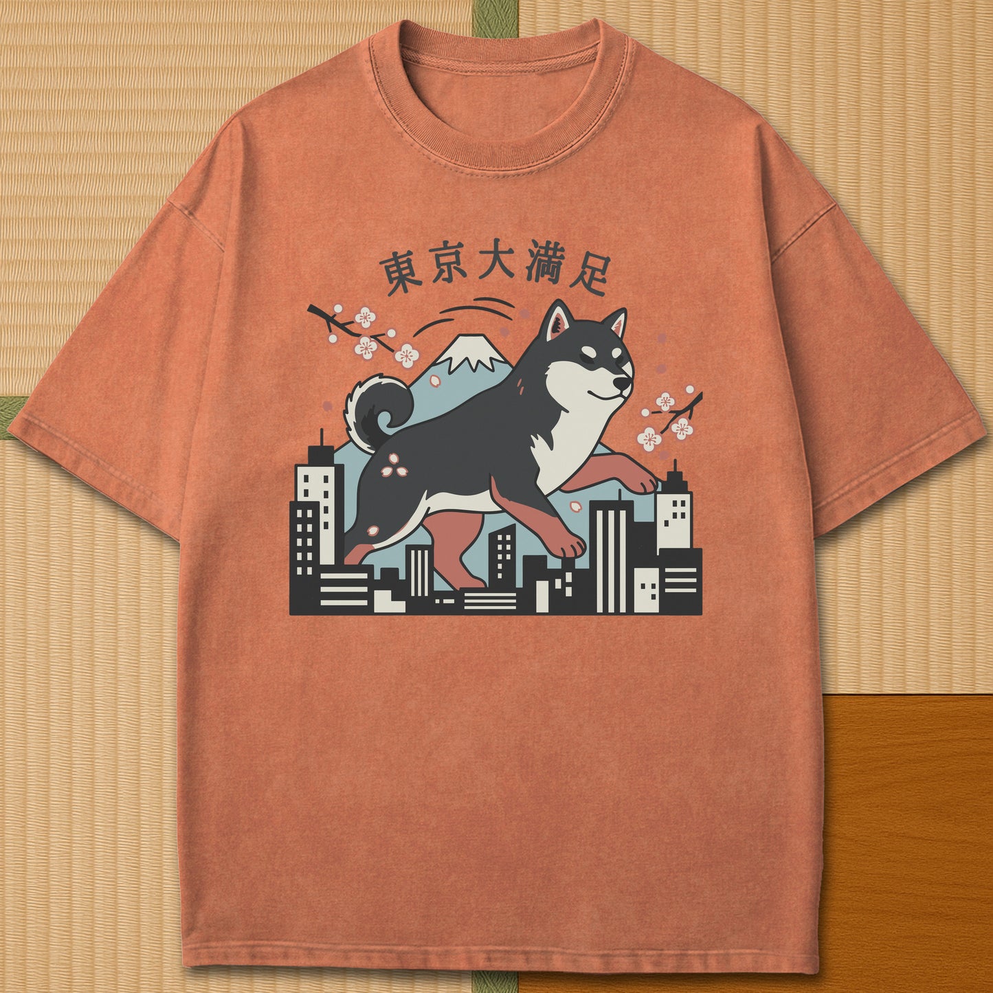 Japanese-inspired cotton Dog Life Tokyo T-Shirt in Yam on Comfort Colors 1717, styled in a modern flatlay scene.
