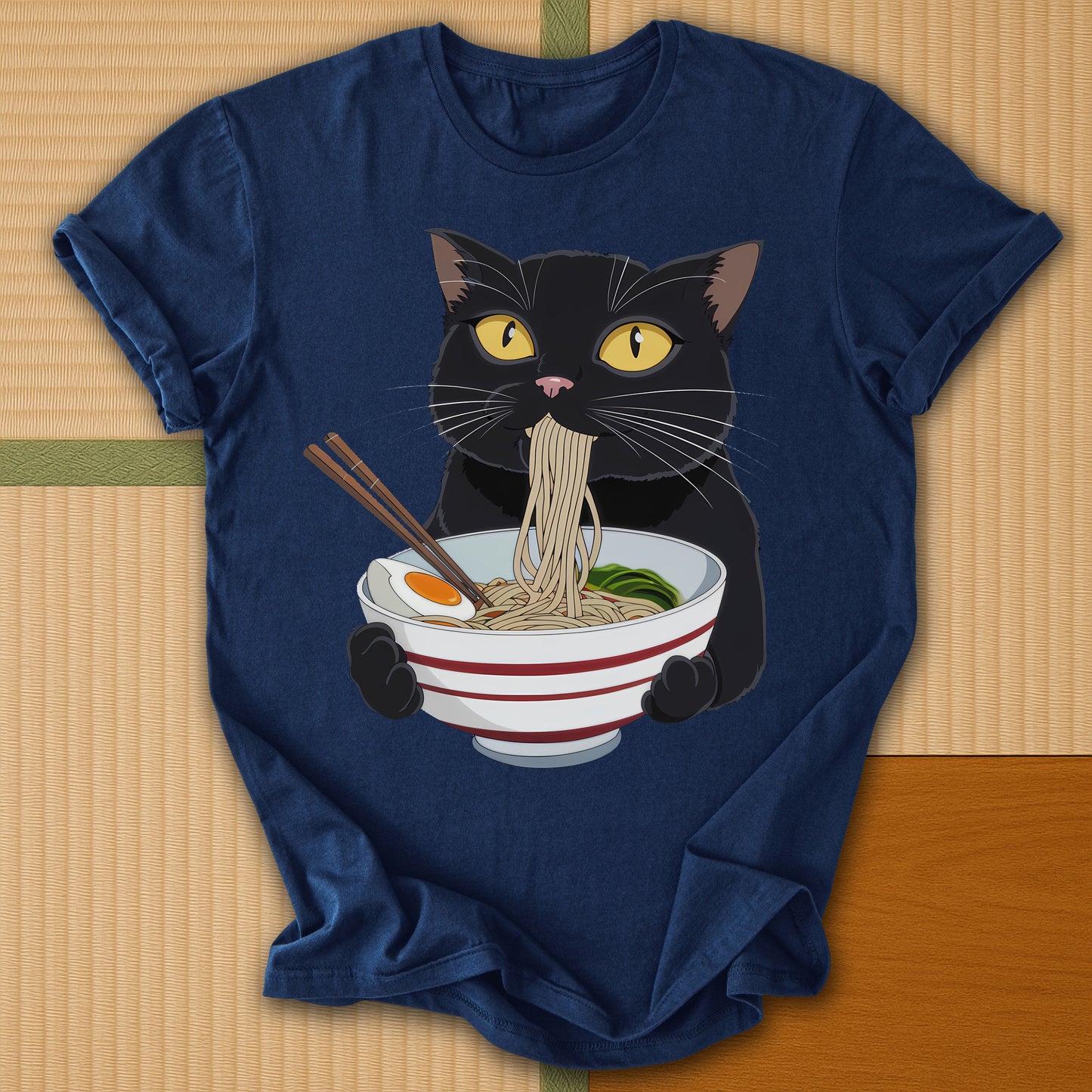 Japanese-inspired cotton Cat Eats Ramen T-Shirt in Navy on Gildan 64000, styled in a modern flatlay scene