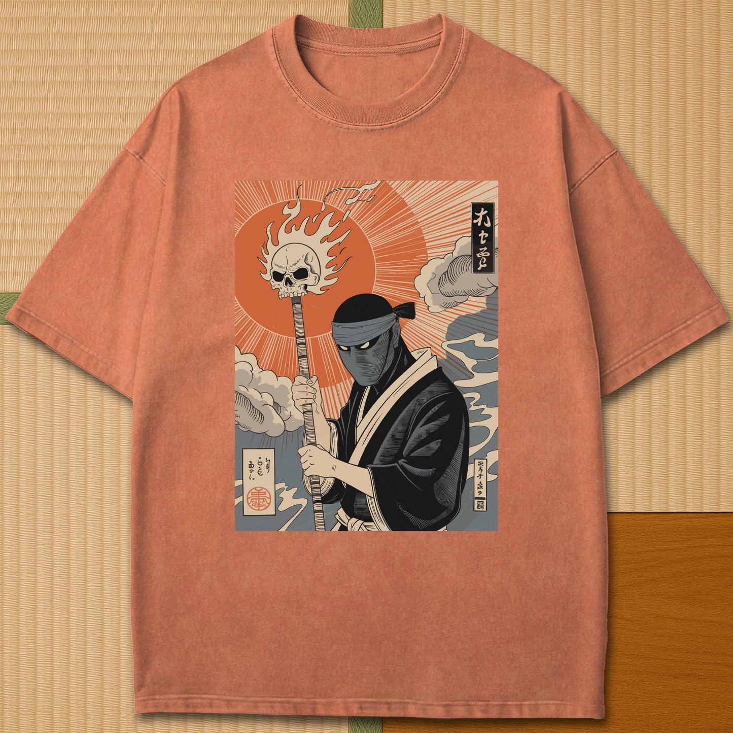 Japanese-inspired cotton Burnt Sun Ninja Vintage Japanese Folklore T-Shirt in Yam on Comfort Colors 1717, styled in a modern flatlay scene.