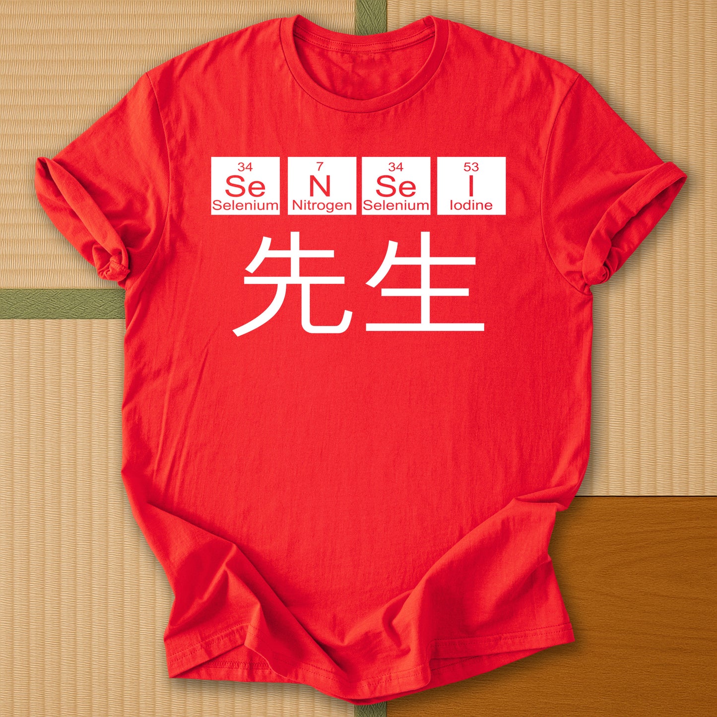 Japanese-inspired cotton Sensei Periodic Table T-Shirt in Red on Gildan 64000, styled in a modern flatlay scene