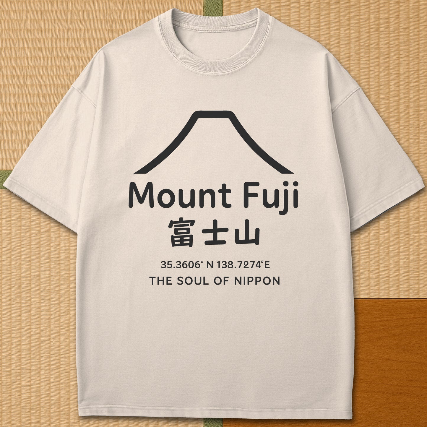 Japanese-inspired cotton Mount Fuji Japan T-Shirt in Ivory on Comfort Colors 1717, styled in a modern flatlay scene.