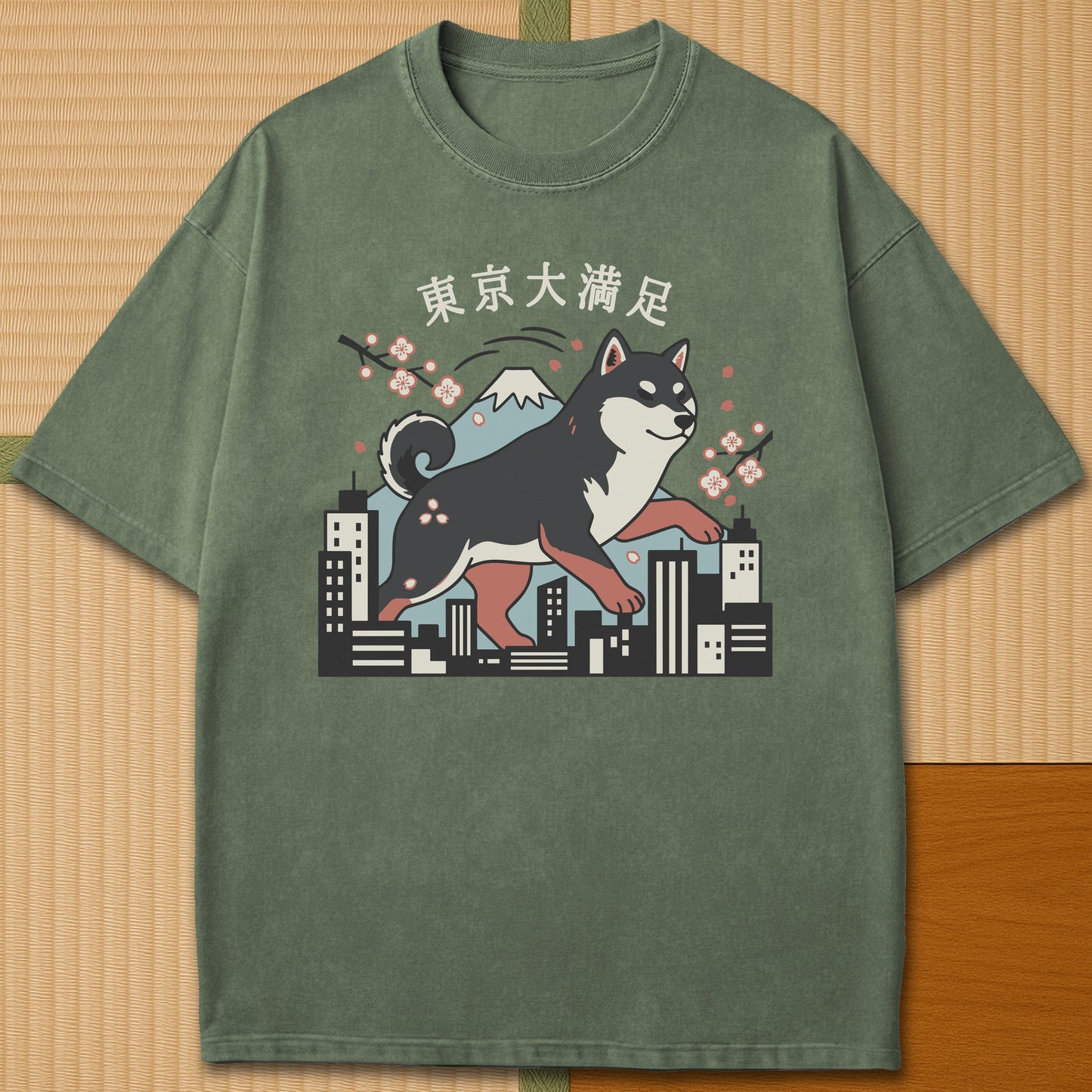 Japanese-inspired cotton Dog Life Tokyo T-Shirt in Moss on Comfort Colors 1717, styled in a modern flatlay scene.