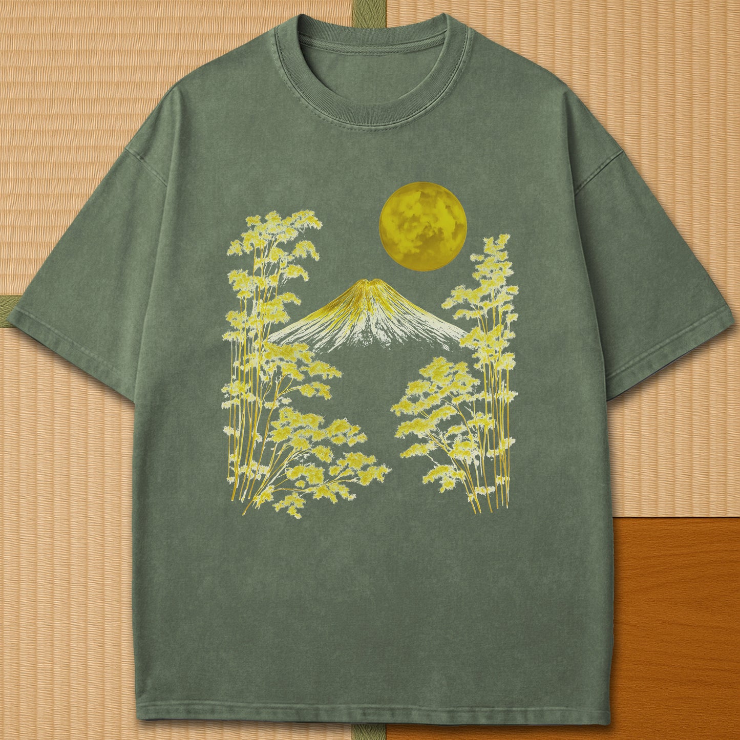Japanese-inspired cotton Fuji Moonlight Line Art T-Shirt in Moss on Comfort Colors 1717, styled in a modern flatlay scene.