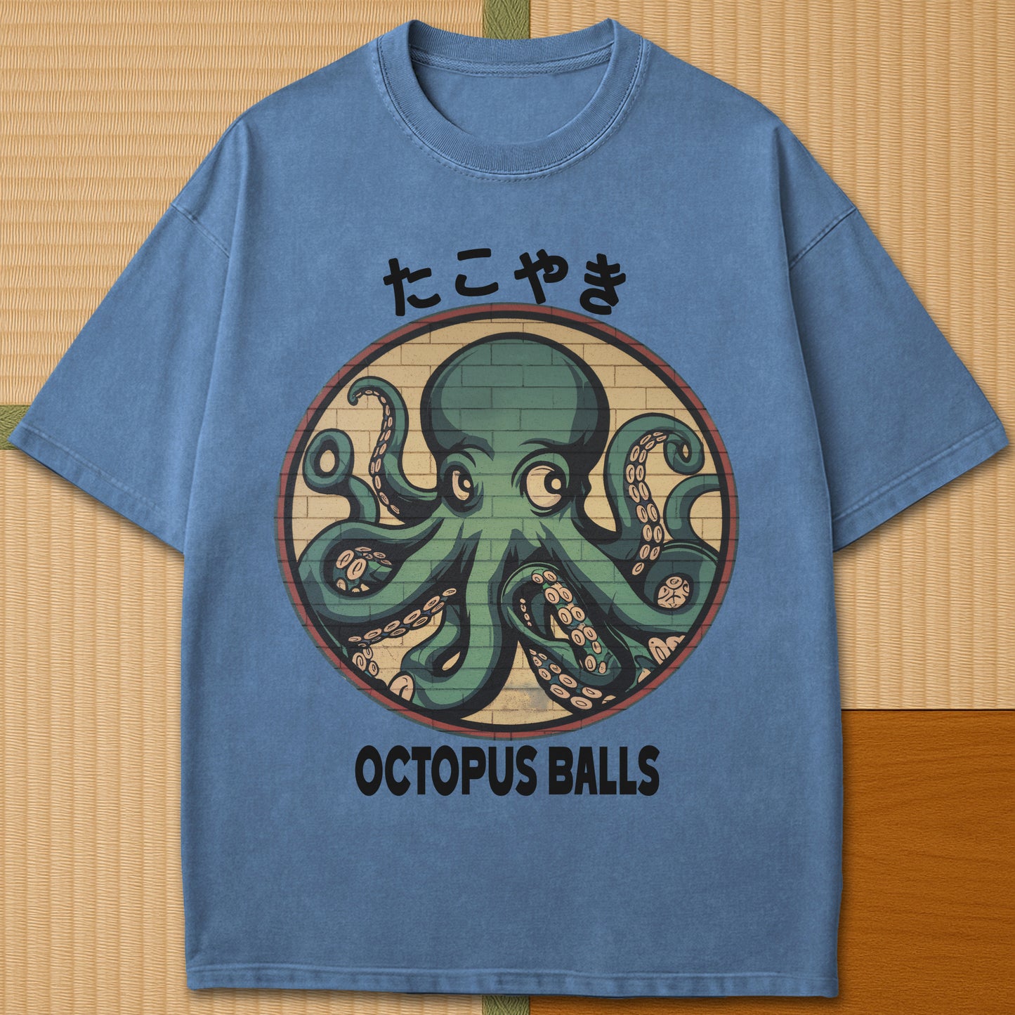 Japanese-inspired cotton Octopus Balls T-Shirt in Blue Jean on Comfort Colors 1717, styled in a modern flatlay scene.