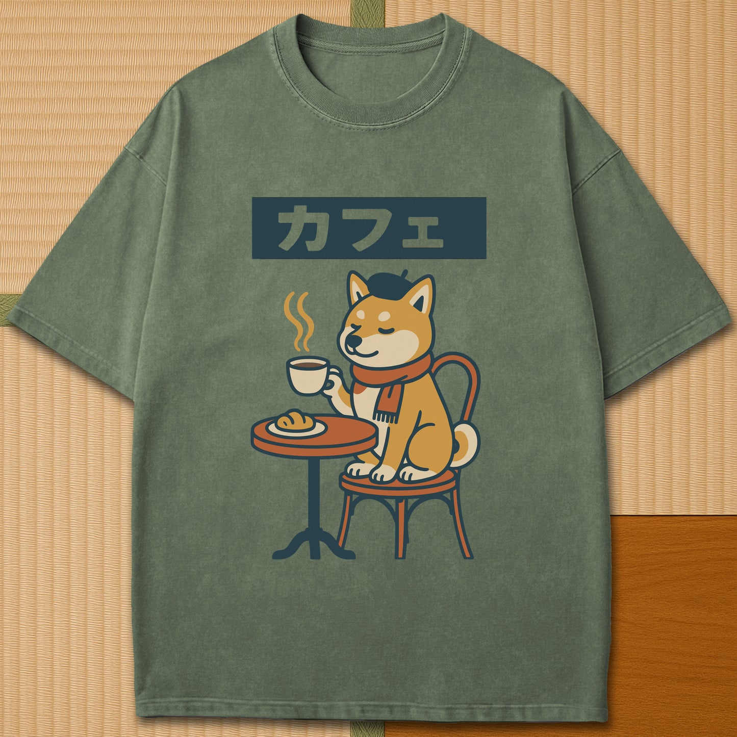 Japanese-inspired cotton Shiba Cafe Time T-Shirt in Moss on Comfort Colors 1717, styled in a modern flatlay scene.