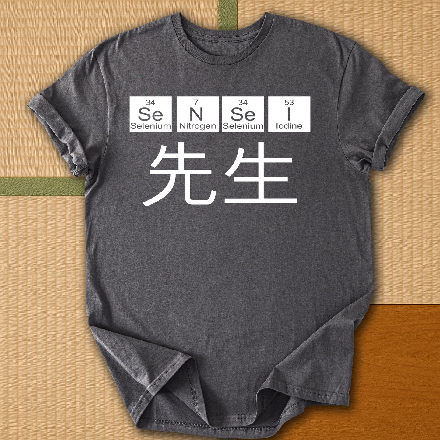 Japanese-inspired cotton Sensei Periodic Table T-Shirt in Charcoal on Gildan 64000, styled in a modern flatlay scene
