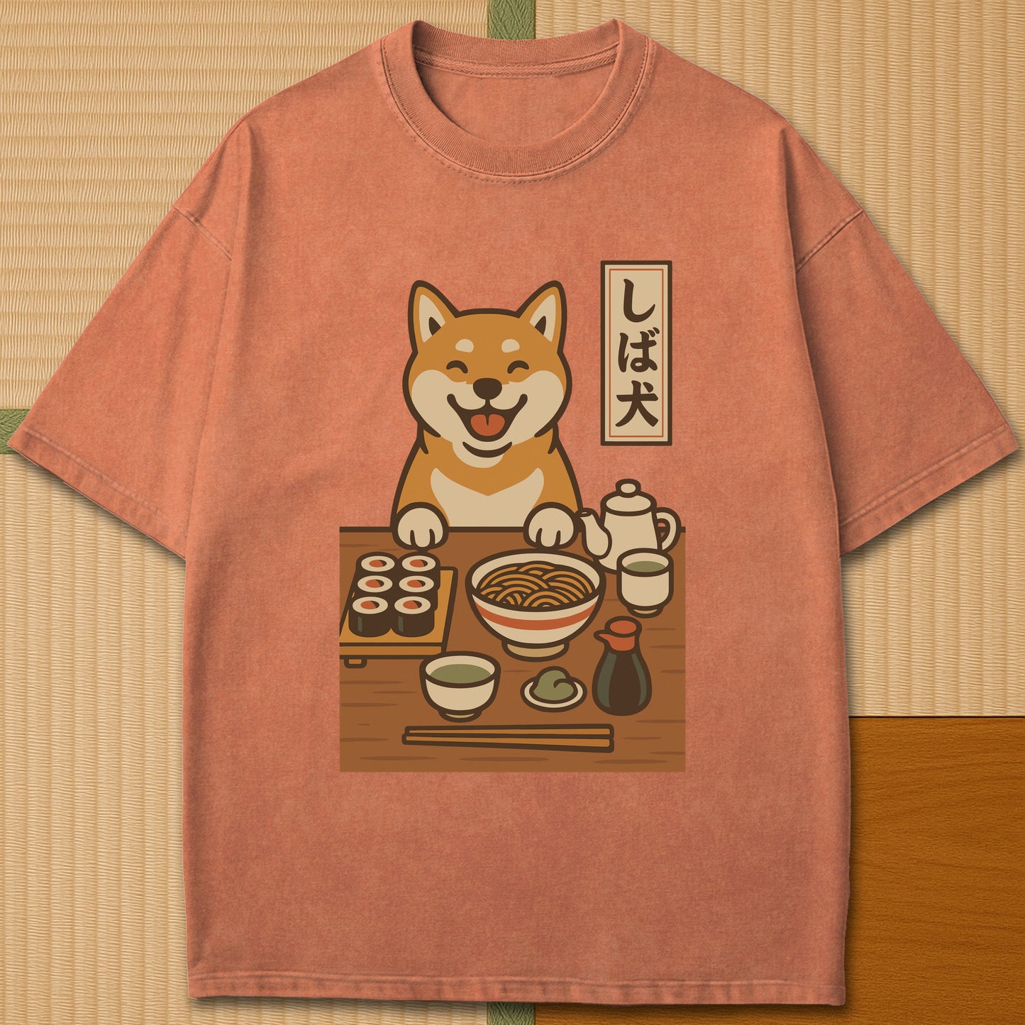 Japanese-inspired cotton Shiba Inu Happy Meal T-Shirt in Yam on Comfort Colors 1717, styled in a modern flatlay scene.