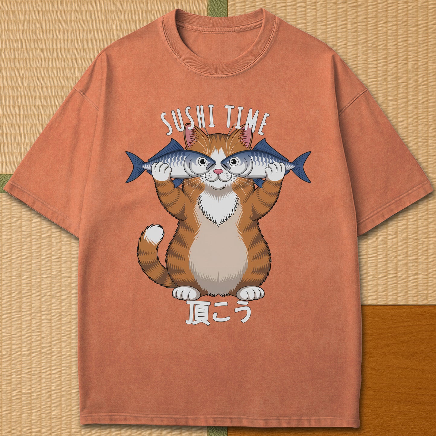 Japanese-inspired cotton Cat Sushi Time T-Shirt in Yam on Comfort Colors 1717, styled in a modern flatlay scene.