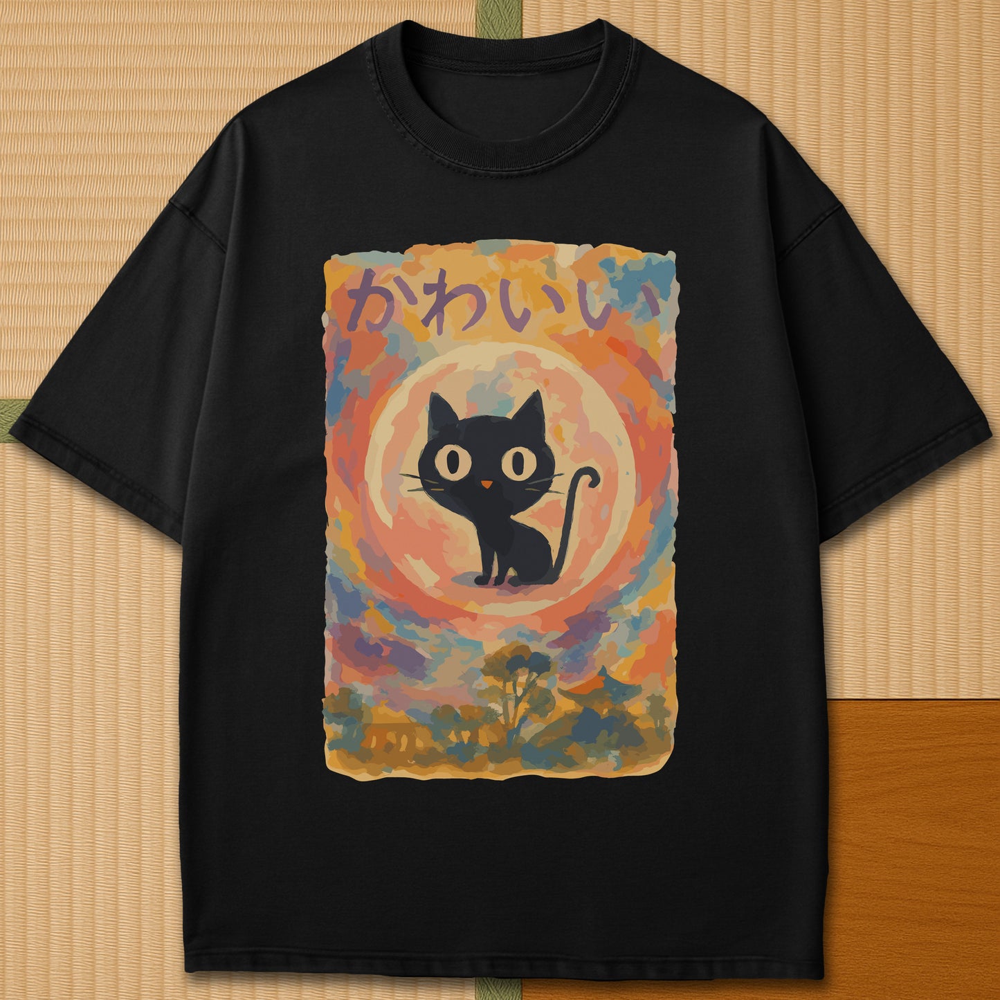 Japanese-inspired cotton Abstract Kawaii Cat Dreamscape T-Shirt in Black on Comfort Colors 1717, styled in a modern flatlay scene.
