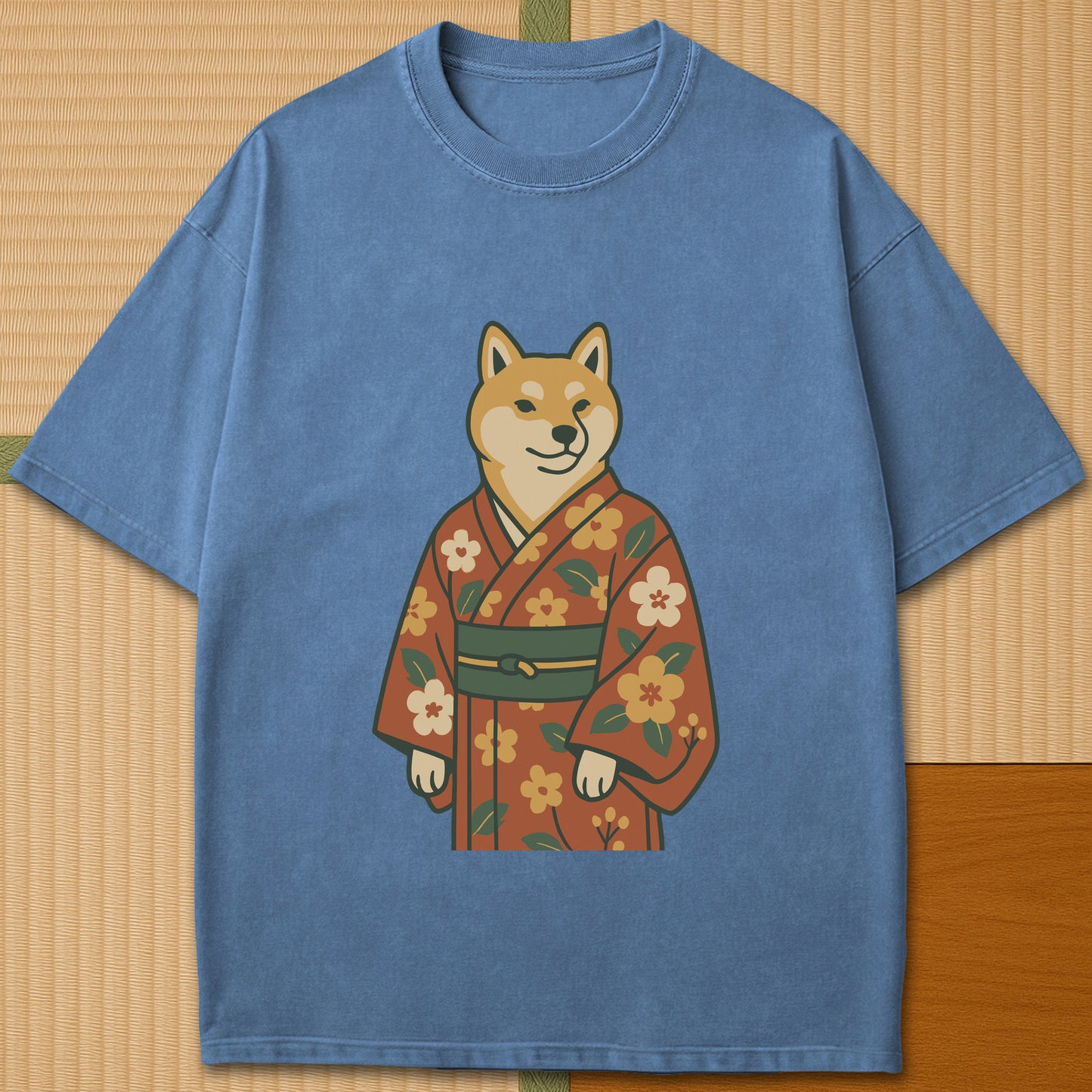 Japanese-inspired cotton Nihon Spirit Shiba T-Shirt in Blue Jean on Comfort Colors 1717, styled in a modern flatlay scene.