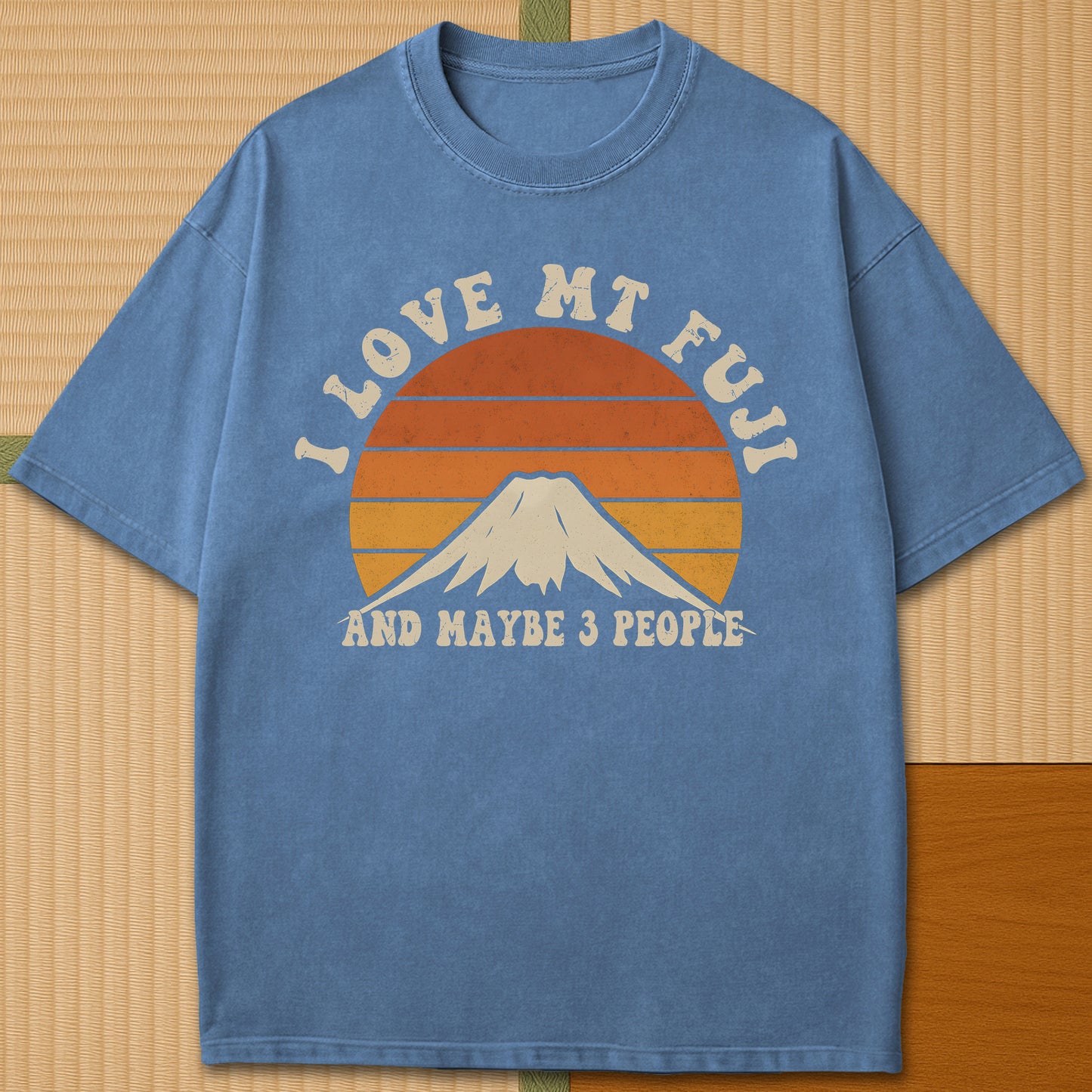 Japanese-inspired cotton Retro Mt Fuji Love T-Shirt in Blue Jean on Comfort Colors 1717, styled in a modern flatlay scene.