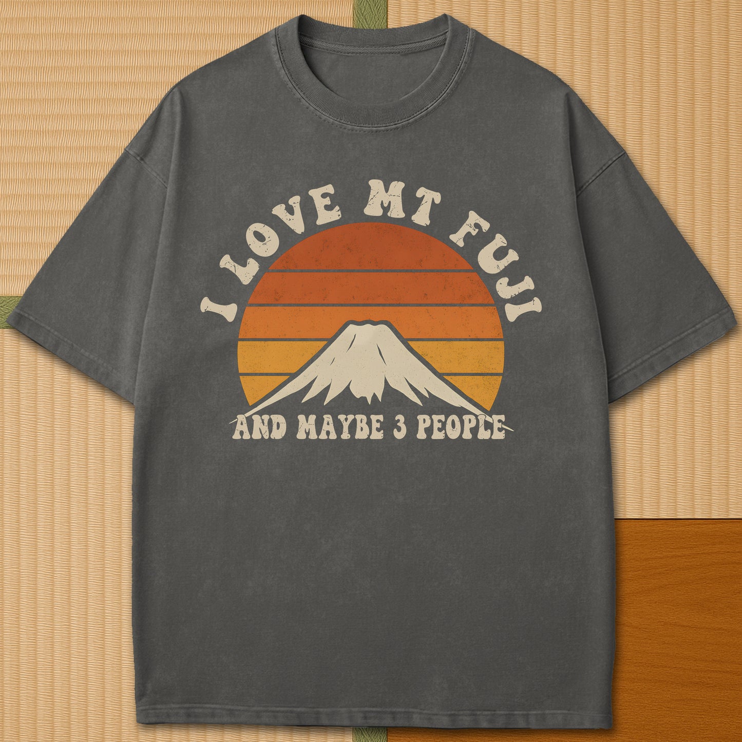 Japanese-inspired cotton Retro Mt Fuji Love T-Shirt in Pepper on Comfort Colors 1717, styled in a modern flatlay scene.