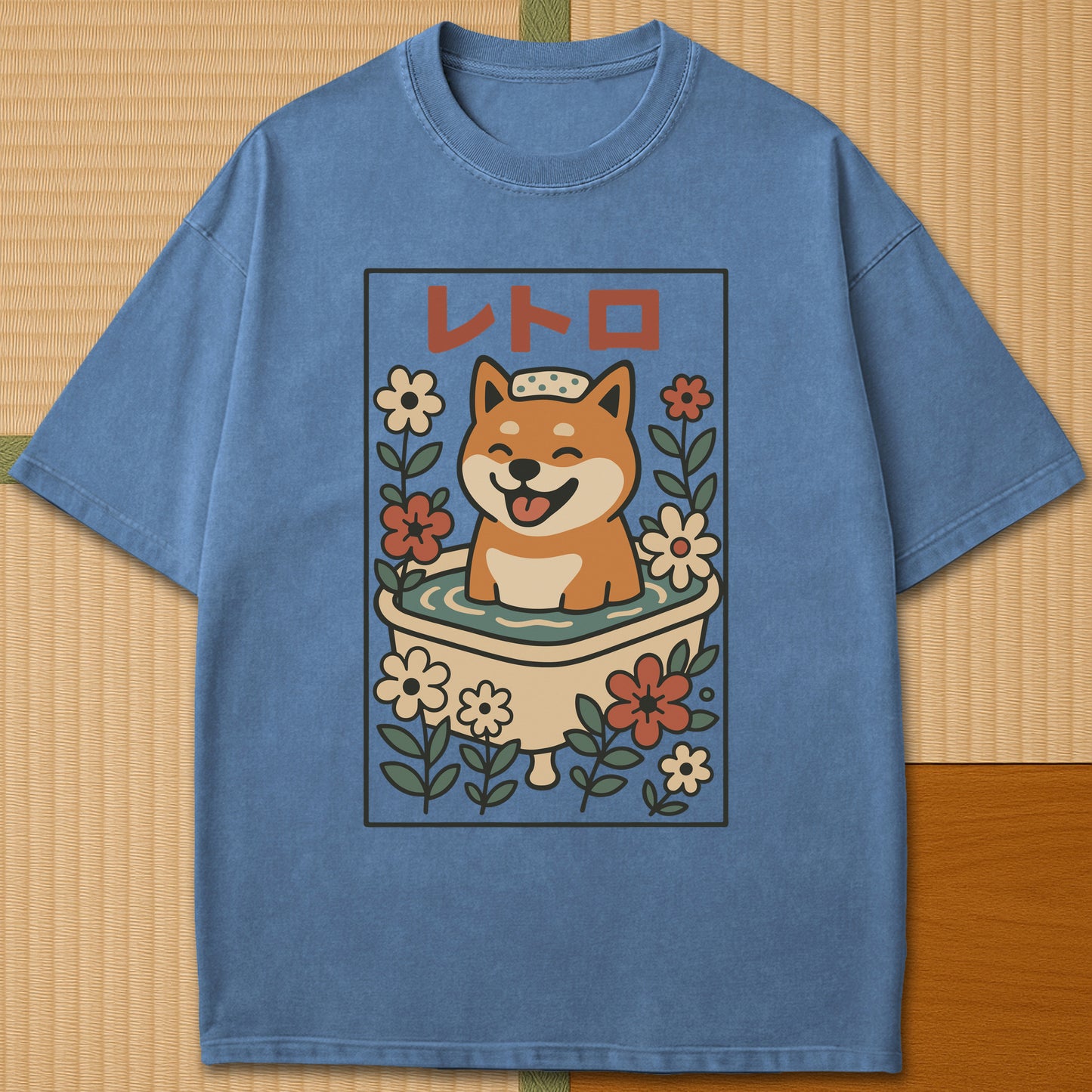 Japanese-inspired cotton Shiba Bath Time Bliss T-Shirt in Blue Jean on Comfort Colors 1717, styled in a modern flatlay scene.