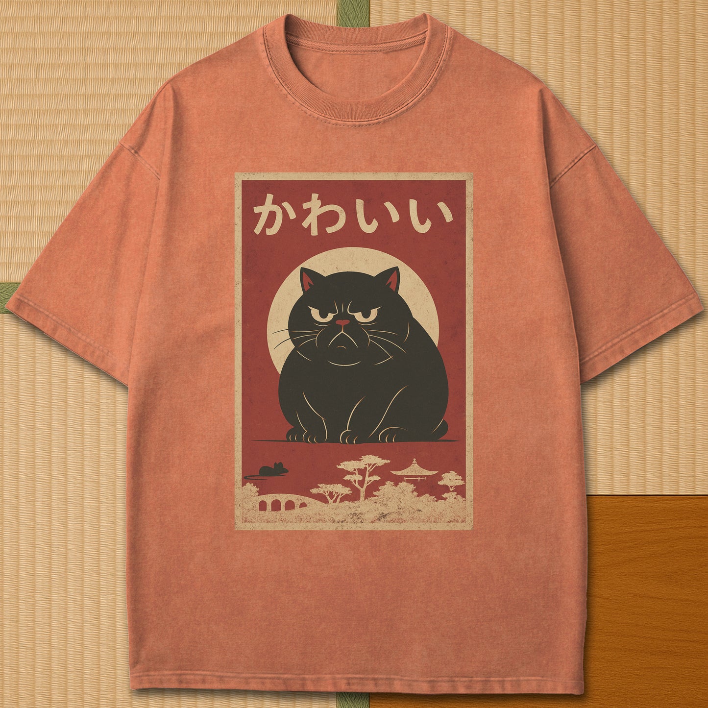 Japanese-inspired cotton Kawaii Rage Cat T-Shirt in Yam on Comfort Colors 1717, styled in a modern flatlay scene.