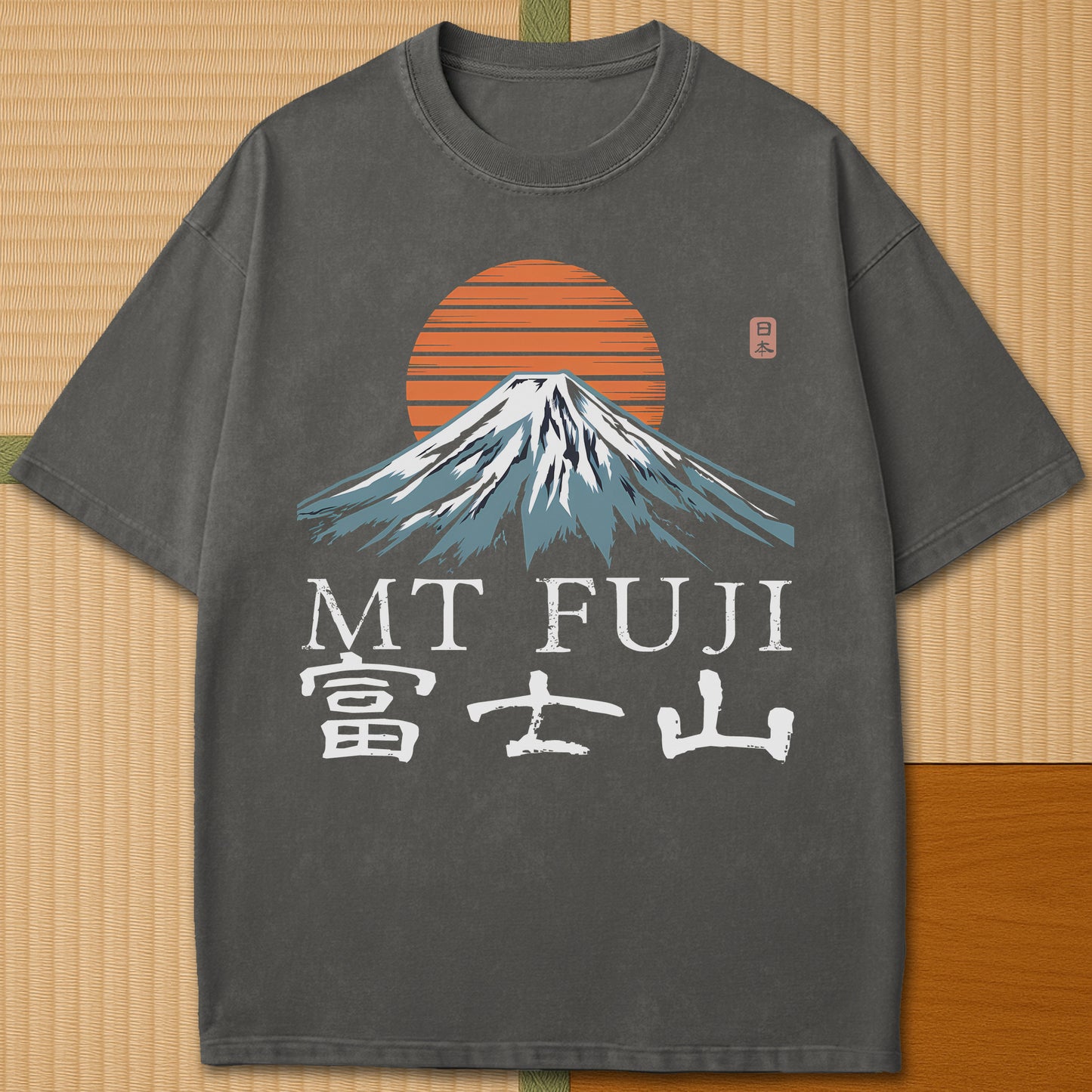 Japanese-inspired cotton Mt Fuji T-Shirt in Pepper on Comfort Colors 1717, styled in a modern flatlay scene.