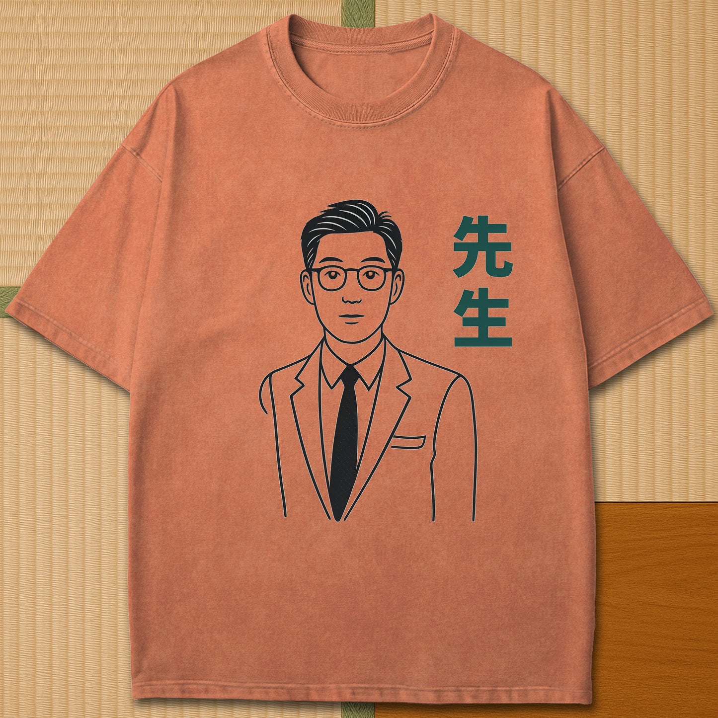 Japanese-inspired cotton Sensei Line Art T-Shirt in Yam on Comfort Colors 1717, styled in a modern flatlay scene.