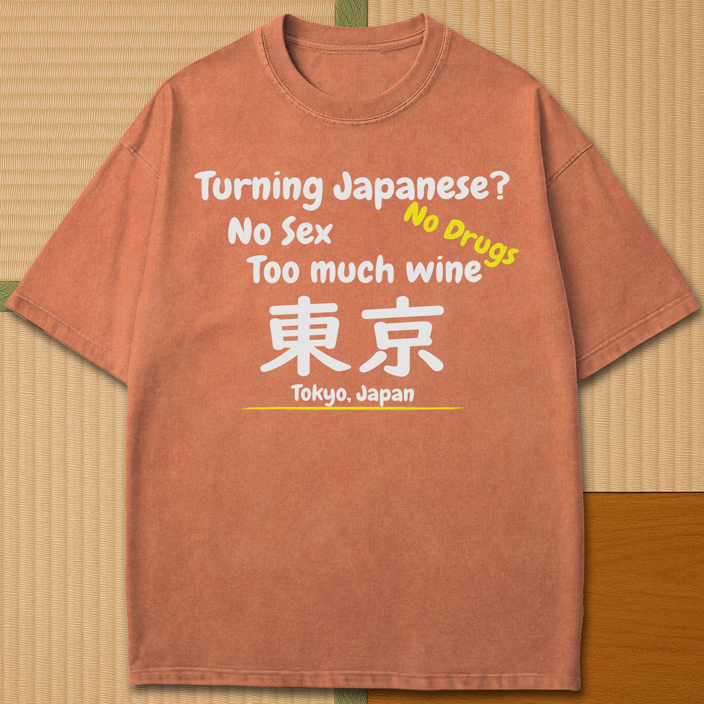 Japanese-inspired cotton Turning Japanese T-Shirt in Yam on Comfort Colors 1717, styled in a modern flatlay scene.