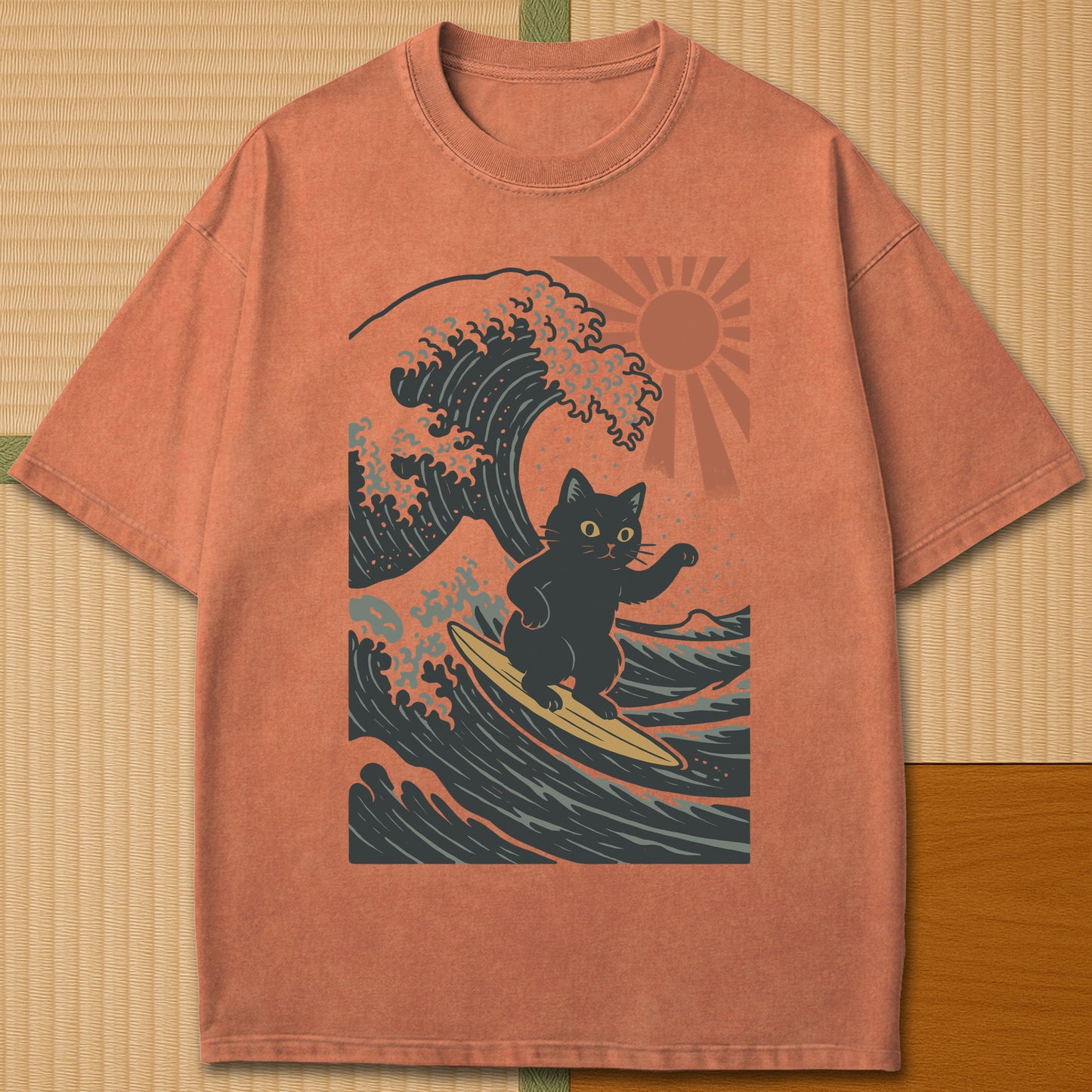 Japanese-inspired cotton Tsunami Surfer Neko T-Shirt in Yam on Comfort Colors 1717, styled in a modern flatlay scene.