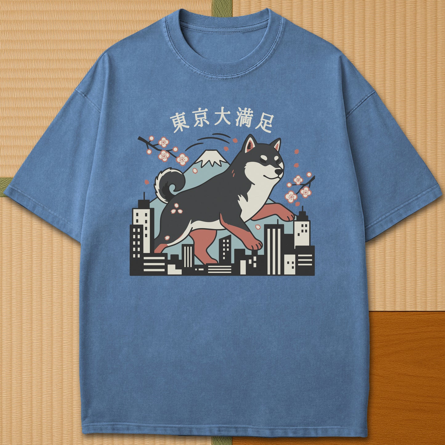 Japanese-inspired cotton Dog Life Tokyo T-Shirt in Blue Jean on Comfort Colors 1717, styled in a modern flatlay scene.