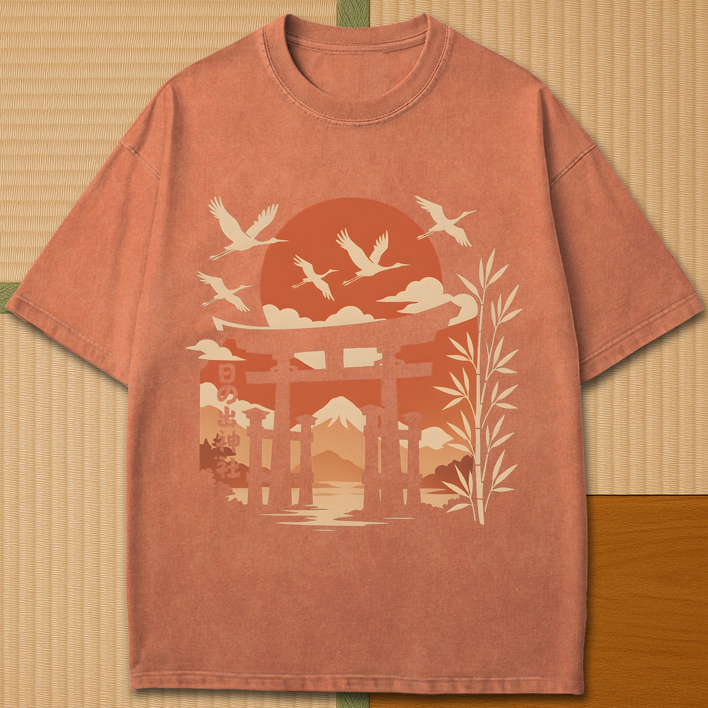 Japanese-inspired cotton Sunrise Shrine T-Shirt in Yam on Comfort Colors 1717, styled in a modern flatlay scene.