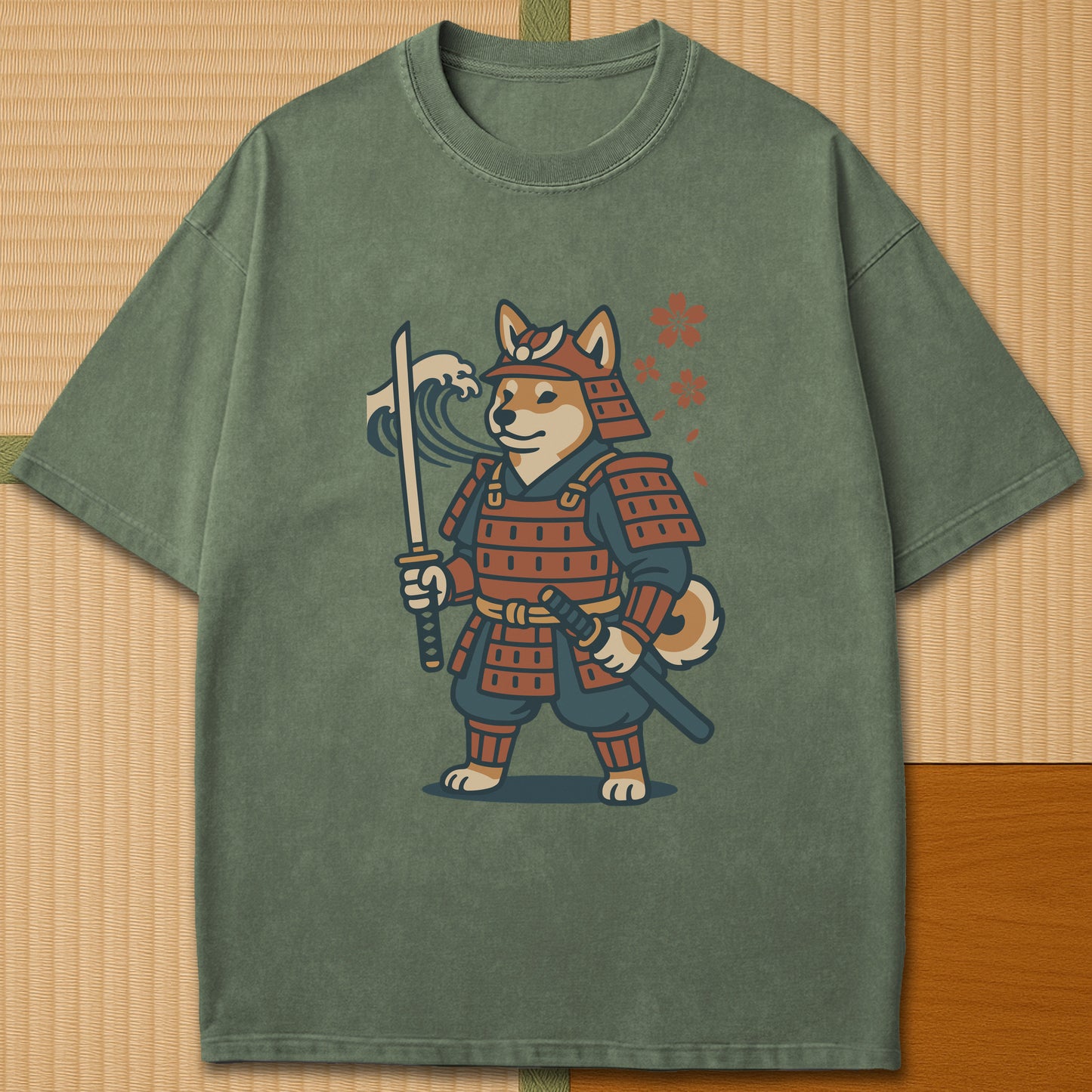 Japanese-inspired cotton Samurai Shiba Spirit T-Shirt in Moss on Comfort Colors 1717, styled in a modern flatlay scene.