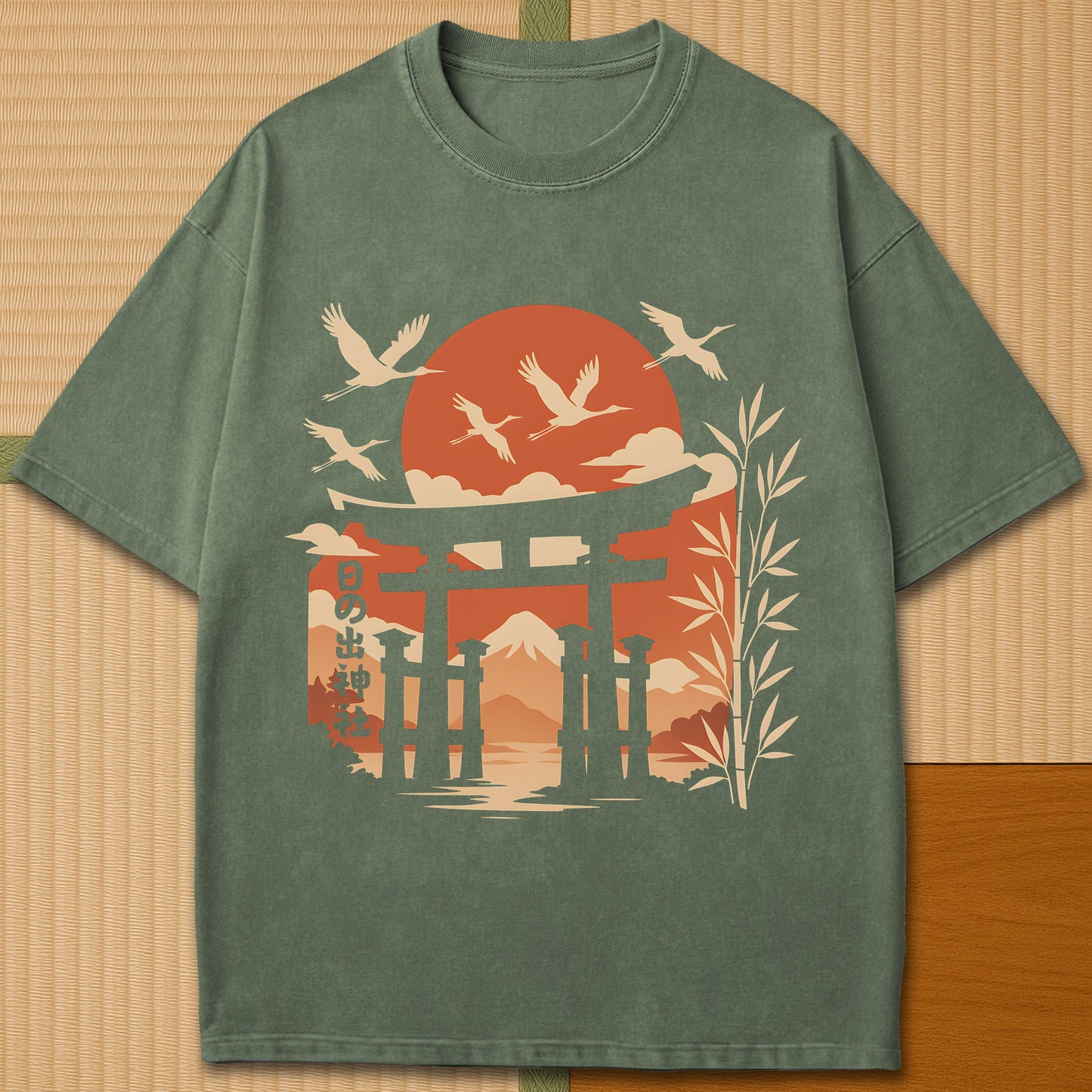Japanese-inspired cotton Sunrise Shrine T-Shirt in Moss on Comfort Colors 1717, styled in a modern flatlay scene.