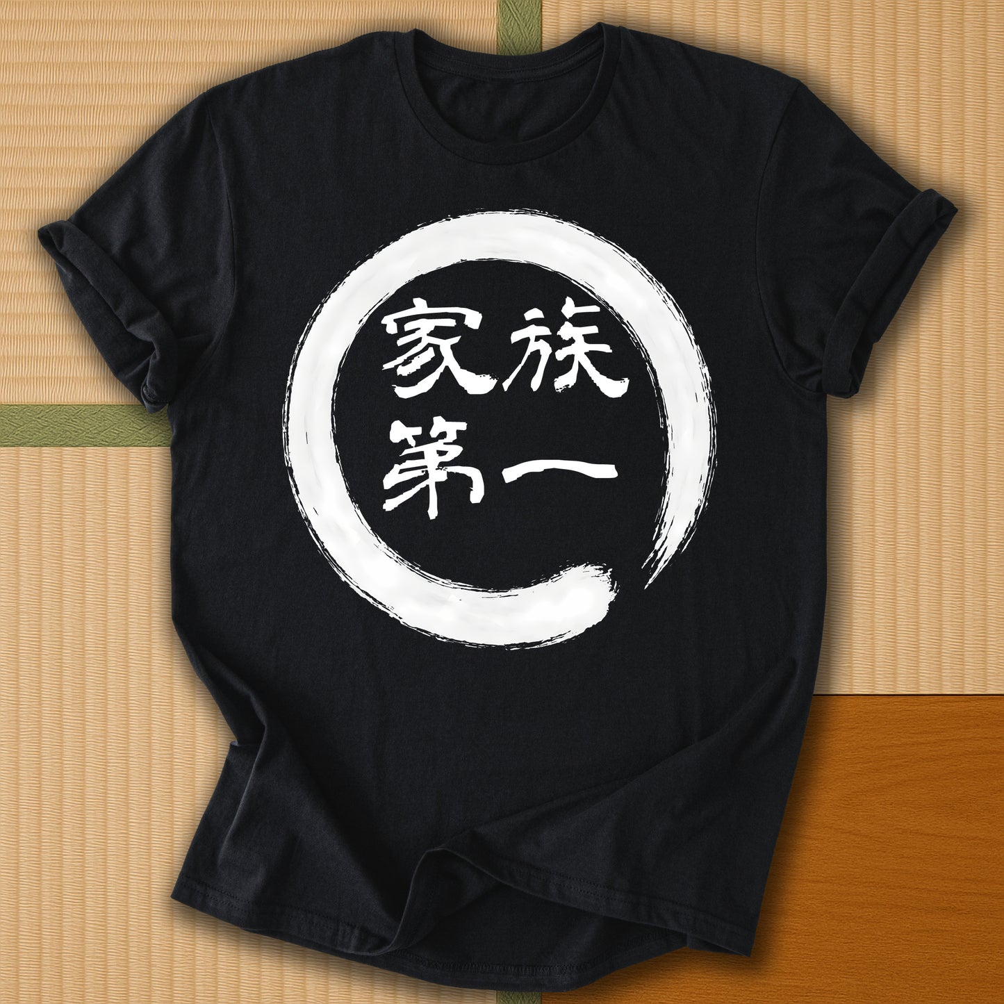 Japanese-inspired cotton Family First in Japanese T-Shirt in Black on Gildan 64000, styled in a modern flatlay scene