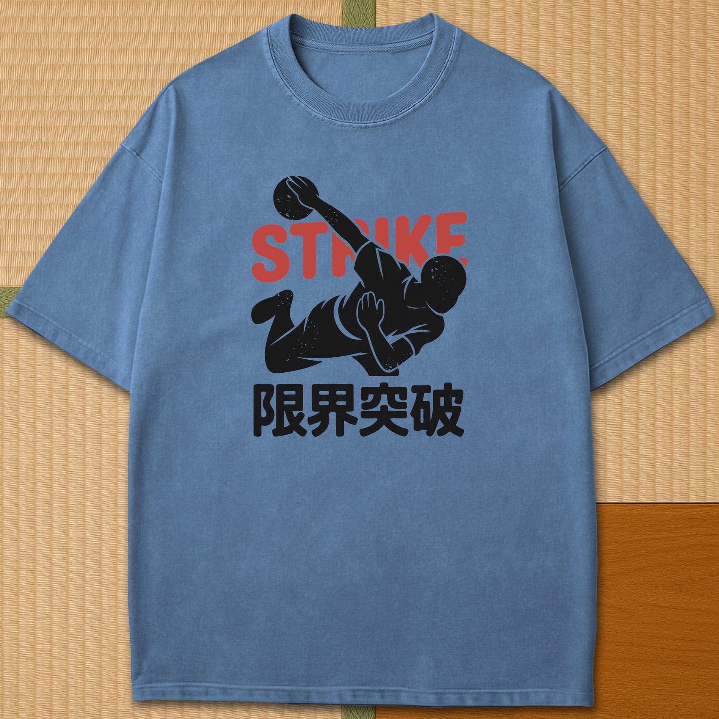 Japanese-inspired cotton Break Your Limits Retro Manga Bowling T-Shirt in Blue Jean on Comfort Colors 1717, styled in a modern flatlay scene.