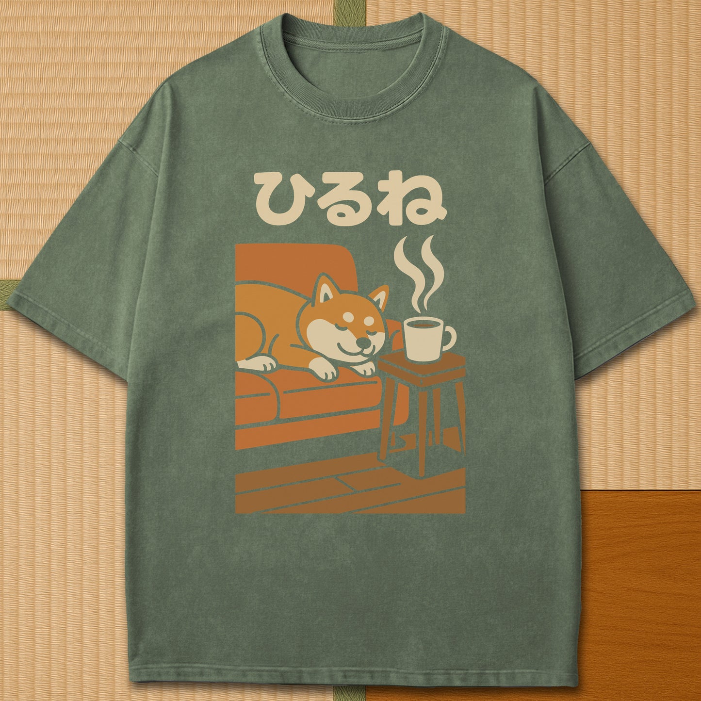 Japanese-inspired cotton Shiba Cozy Coffee Nap T-Shirt in Moss on Comfort Colors 1717, styled in a modern flatlay scene.