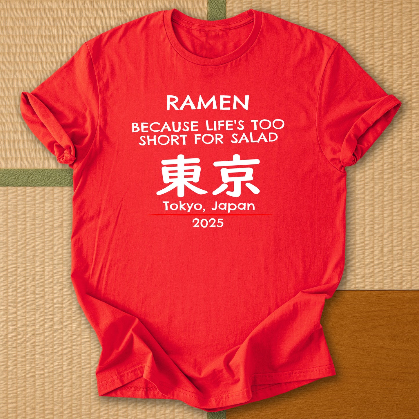 Japanese-inspired cotton Ramen Tokyo T-Shirt in Red on Gildan 64000, styled in a modern flatlay scene