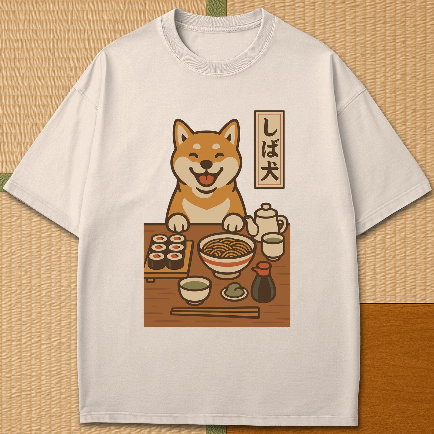 Japanese-inspired cotton Shiba Inu Happy Meal T-Shirt in Ivory on Comfort Colors 1717, styled in a modern flatlay scene.