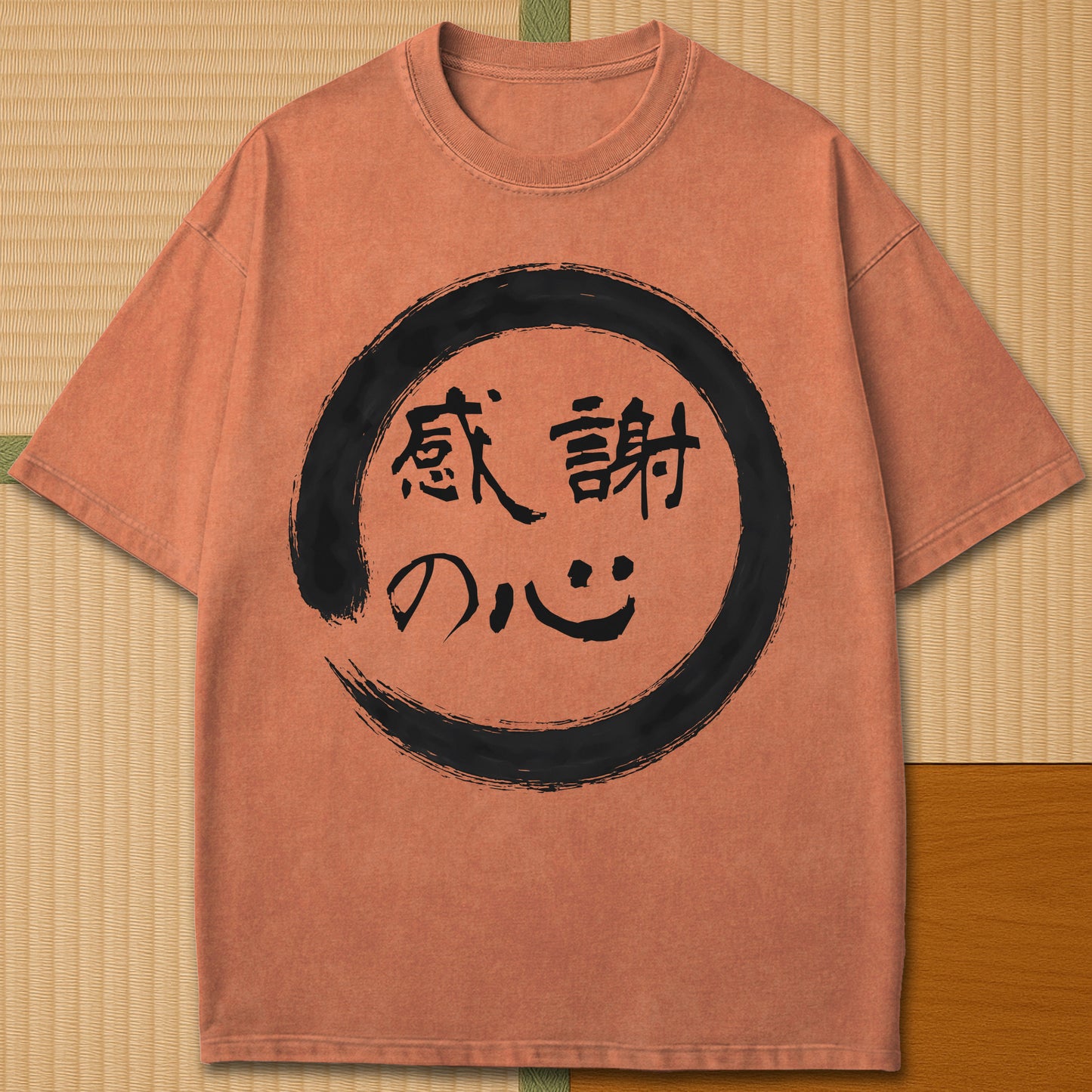 Japanese-inspired cotton Thankful Heart T-Shirt in Yam on Comfort Colors 1717, styled in a modern flatlay scene.