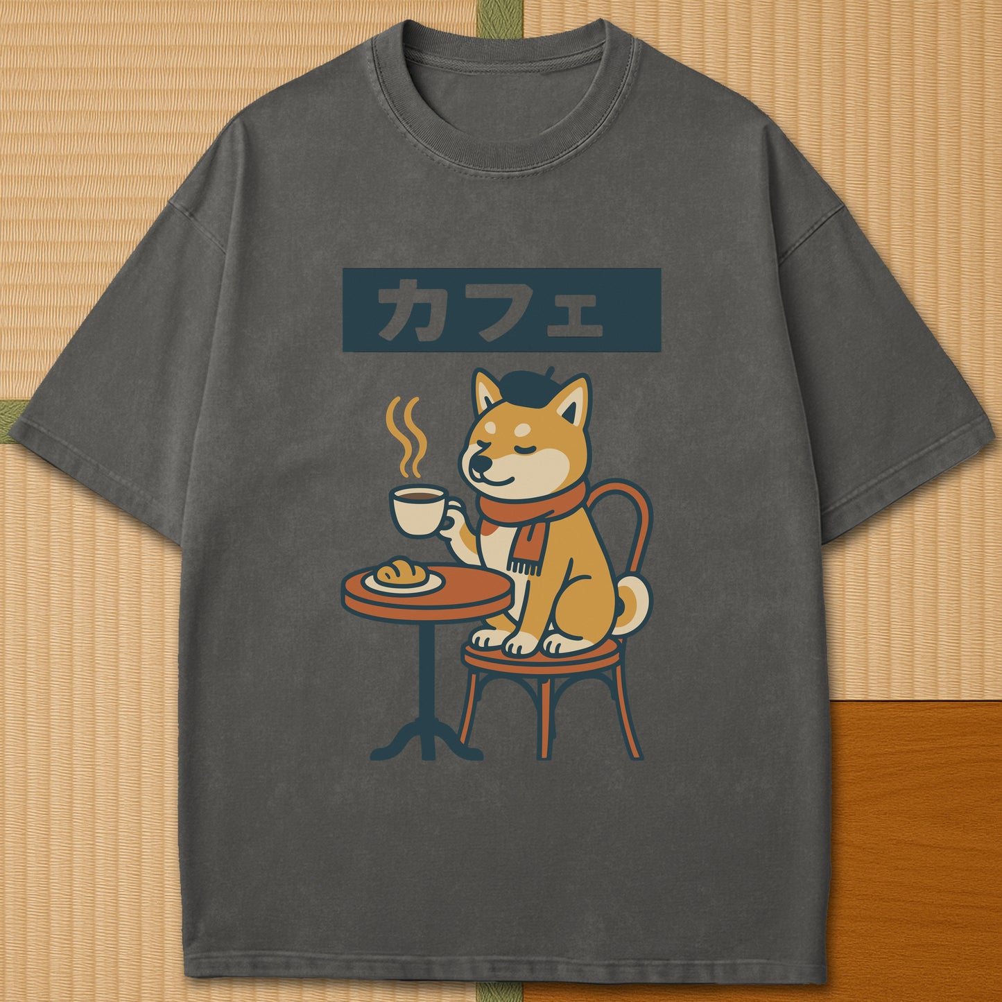Japanese-inspired cotton Shiba Cafe Time T-Shirt in Pepper on Comfort Colors 1717, styled in a modern flatlay scene.
