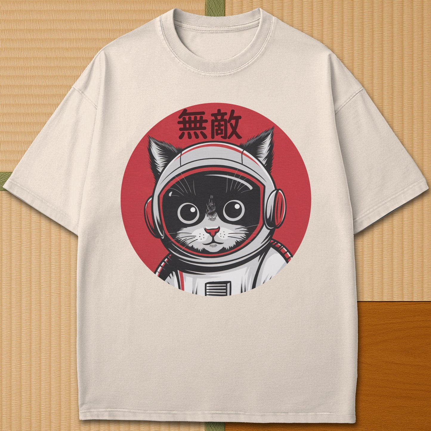 Japanese-inspired cotton Invincible Space Cat T-Shirt in Ivory on Comfort Colors 1717, styled in a modern flatlay scene.