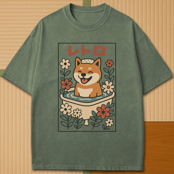 Japanese-inspired cotton Shiba Bath Time Bliss T-Shirt in Moss on Comfort Colors 1717, styled in a modern flatlay scene.
