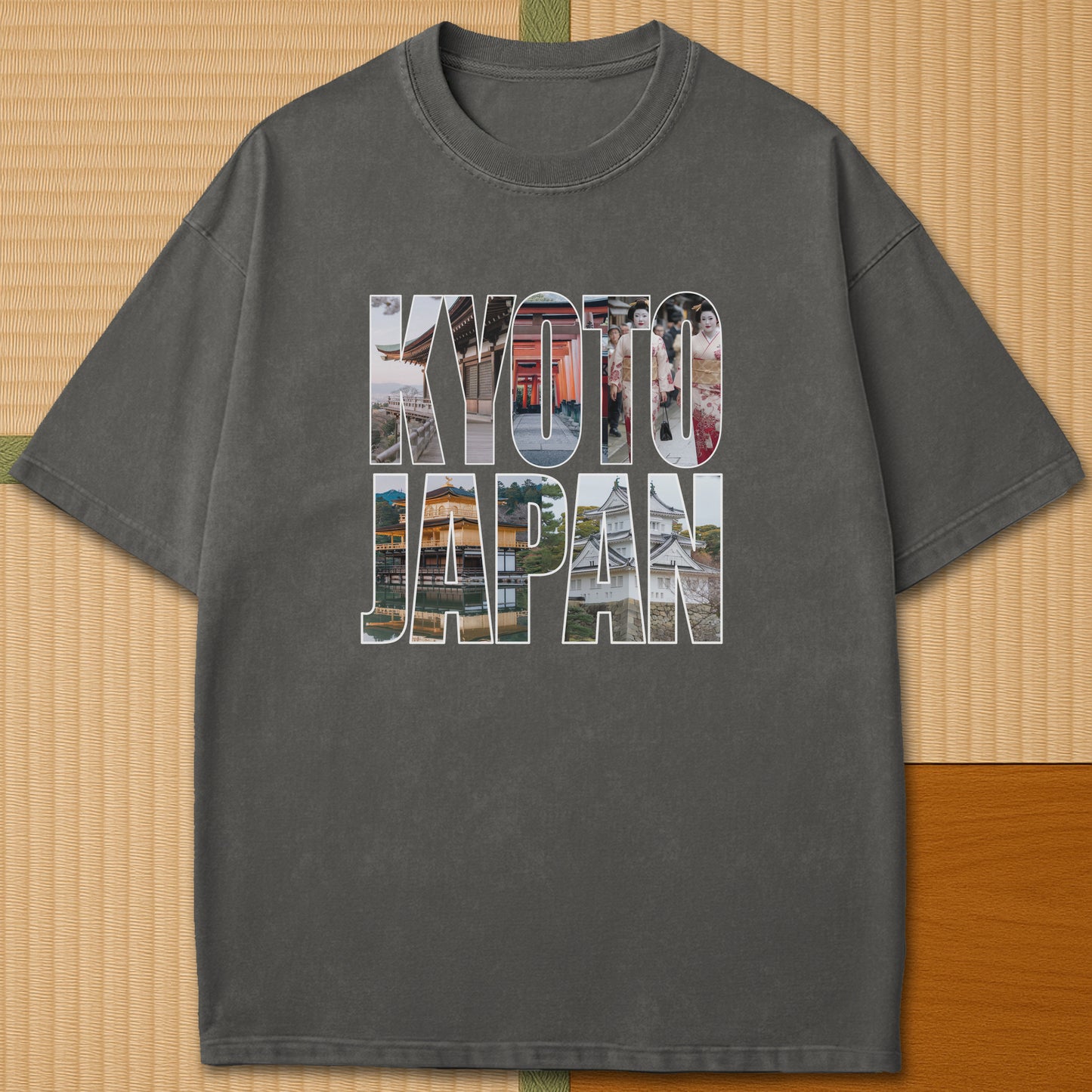 Japanese-inspired cotton Kyoto T-Shirt in Pepper on Comfort Colors 1717, styled in a modern flatlay scene.