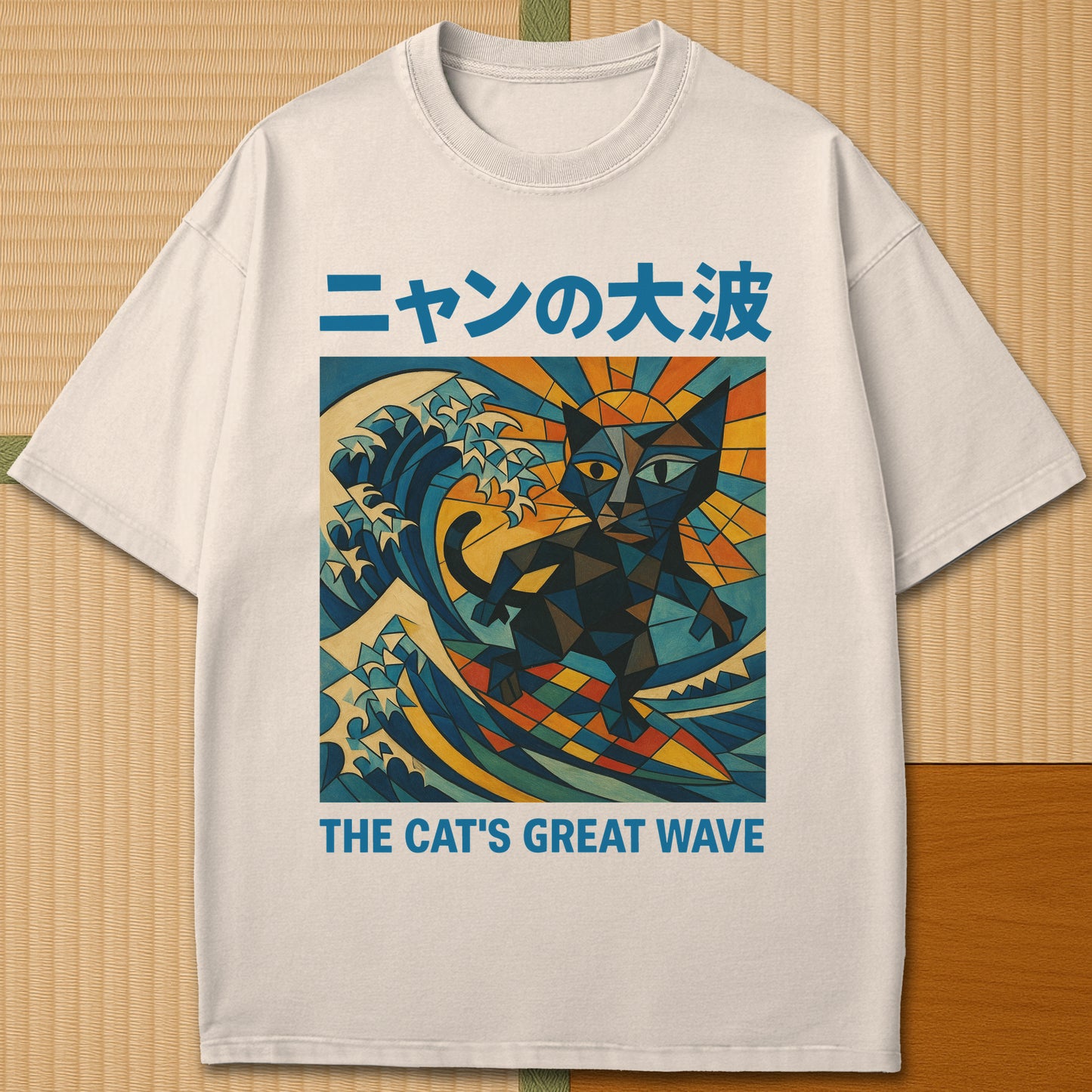 Japanese-inspired cotton Nyan No Oonami The Great Wave T-Shirt in Ivory on Comfort Colors 1717, styled in a modern flatlay scene.