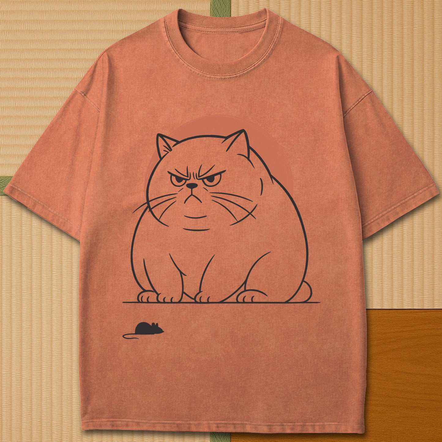 Japanese-inspired cotton Grumpy Cat Standoff T-Shirt in Yam on Comfort Colors 1717, styled in a modern flatlay scene.