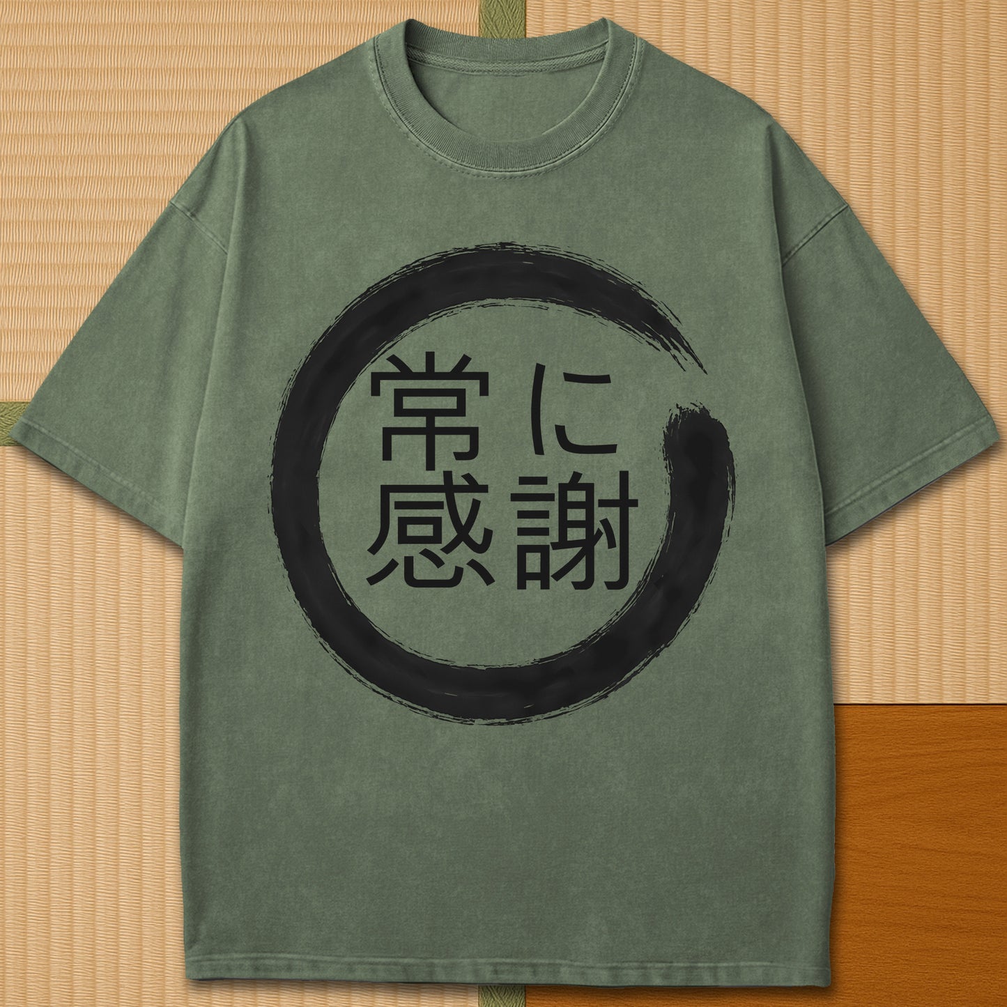 Japanese-inspired cotton Always Thankful T-Shirt in Moss on Comfort Colors 1717, styled in a modern flatlay scene.