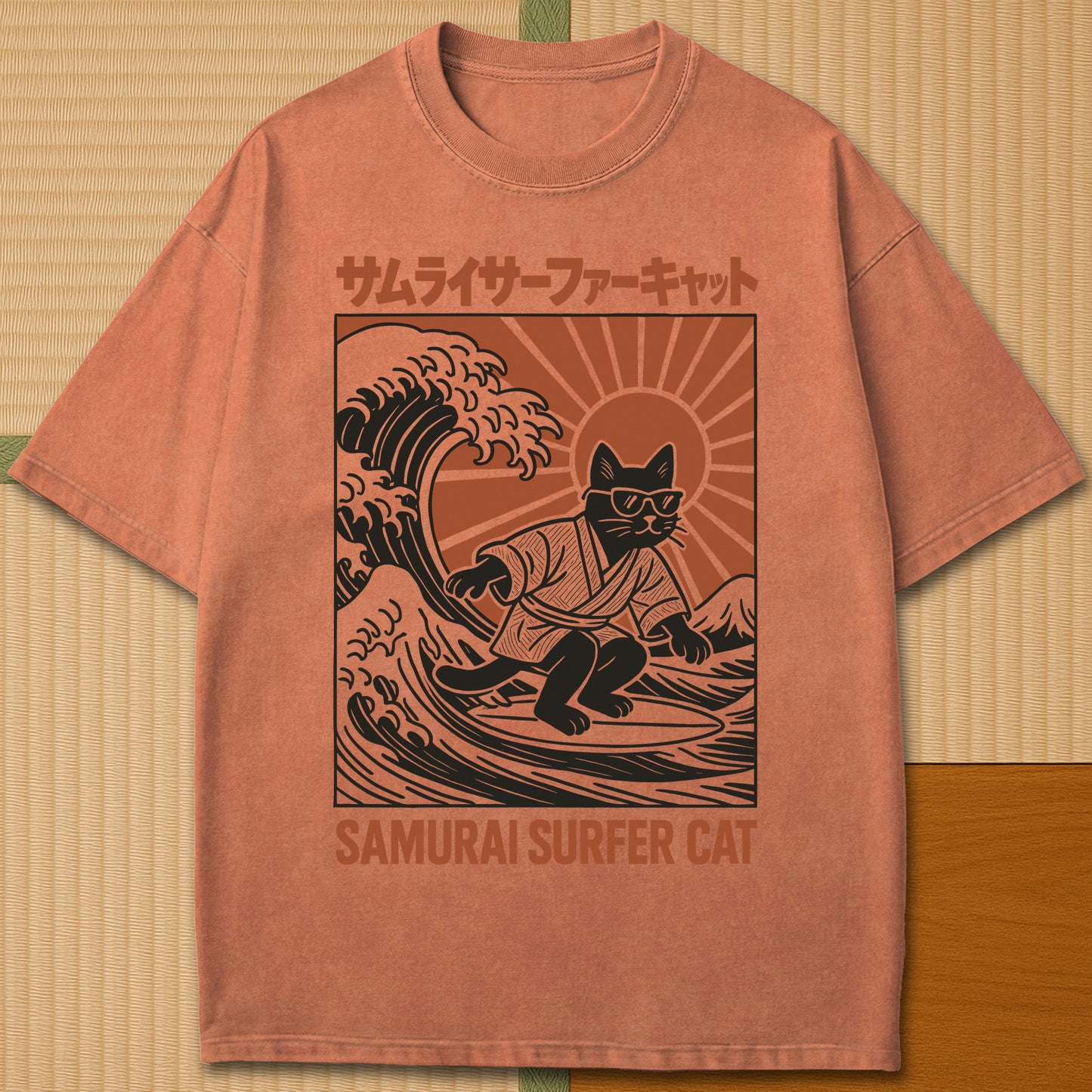 Japanese-inspired cotton Samurai Surfer Cat T-Shirt in Yam on Comfort Colors 1717, styled in a modern flatlay scene.