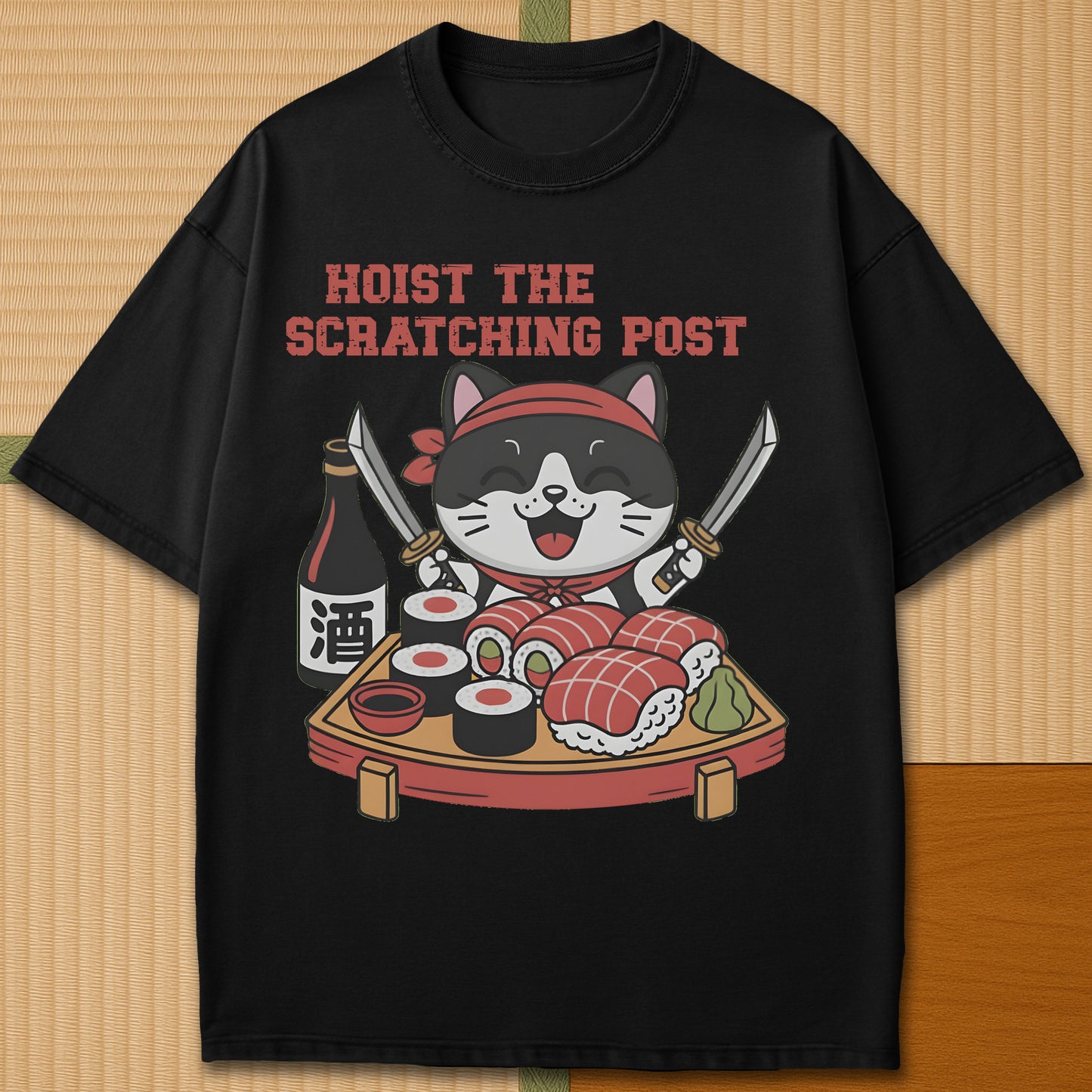 Japanese-inspired cotton Sushi Pirate Hoist The Scratching Post T-Shirt in Black on Comfort Colors 1717, styled in a modern flatlay scene.