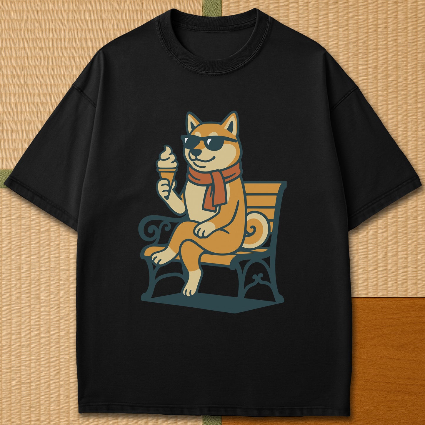 Japanese-inspired cotton Cool Shiba Summer T-Shirt in Black on Comfort Colors 1717, styled in a modern flatlay scene.