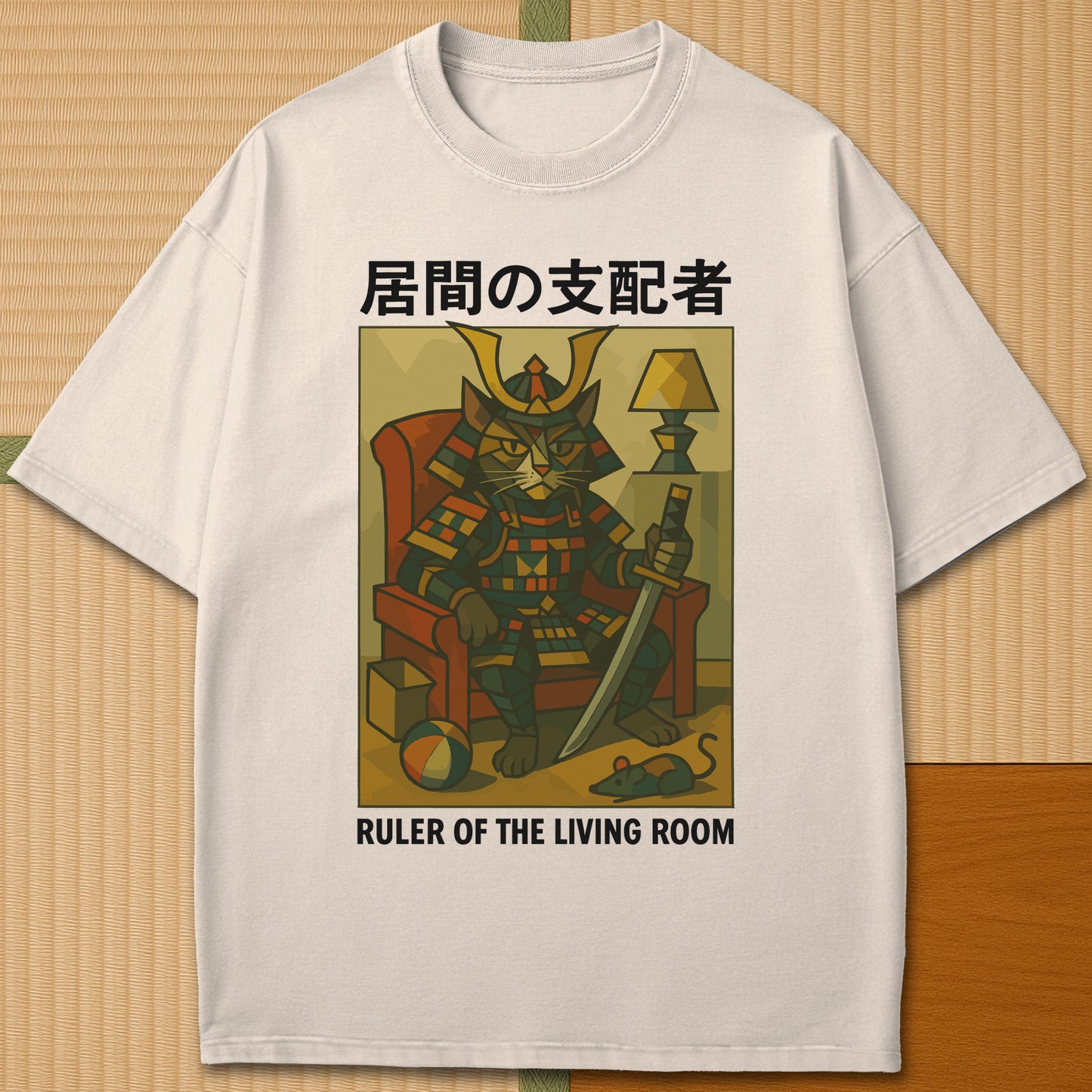 Japanese-inspired cotton Ruler Of The Living Room Shogun Cat T-Shirt in Ivory on Comfort Colors 1717, styled in a modern flatlay scene.