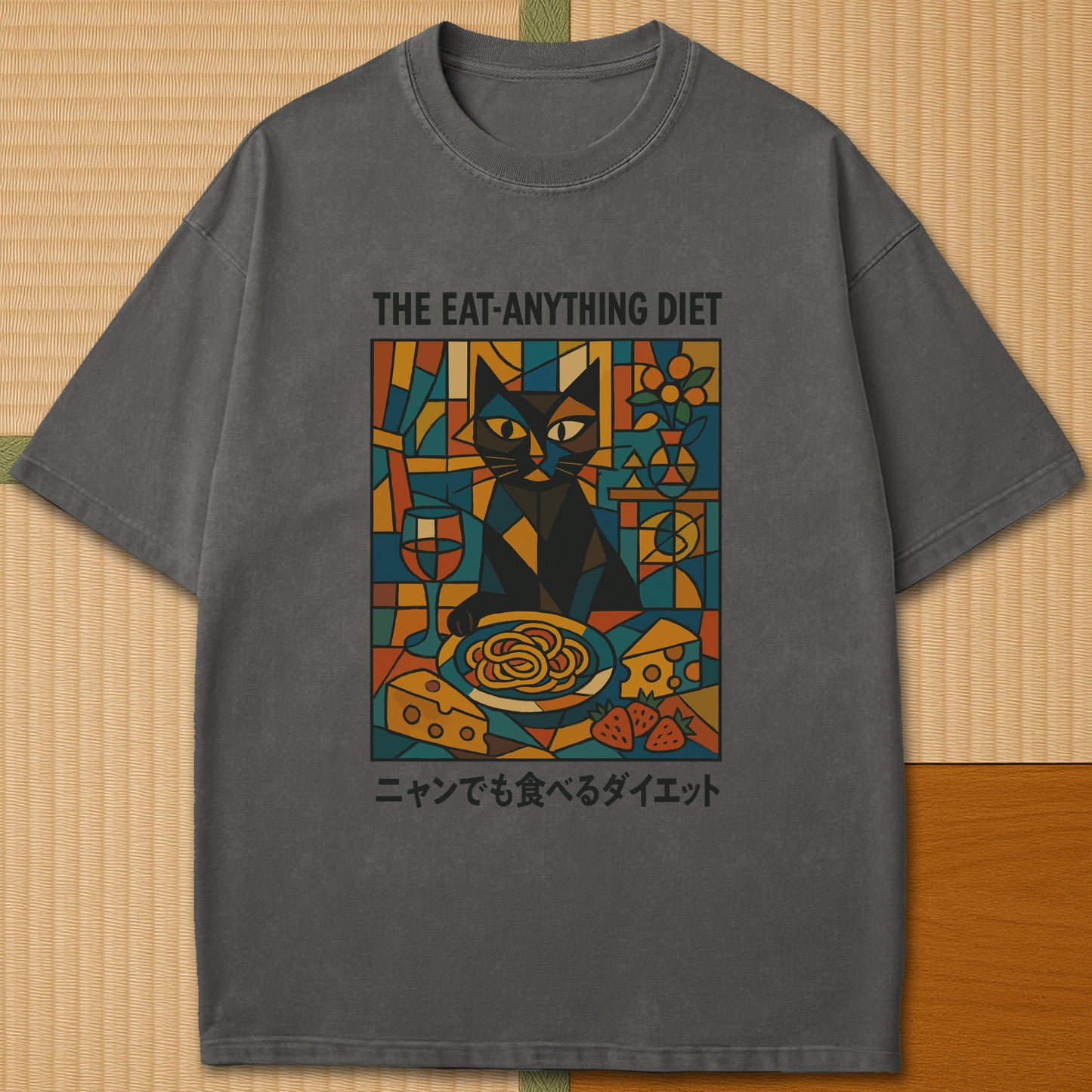 Japanese-inspired cotton Nyan Diet Club T-Shirt in Pepper on Comfort Colors 1717, styled in a modern flatlay scene.